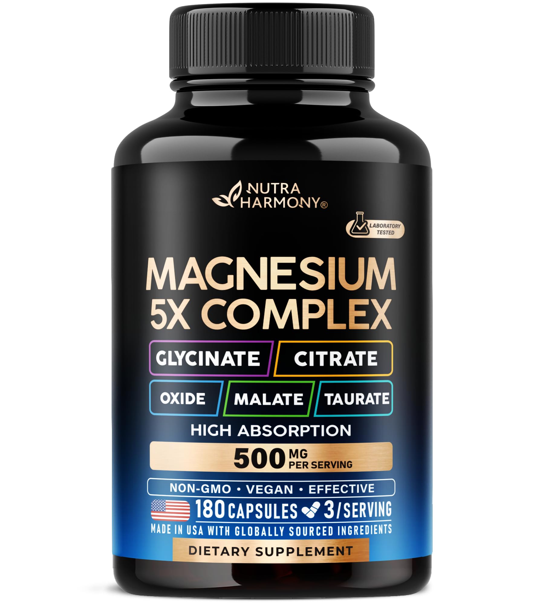 Magnesium Supplement - 5 in 1 Complex | Glycinate | Citrate | Malate | Taurate | Oxide - Made in USA - Stress, Muscle & Heart Support - Vegan, Natural, Non-GMO - 180 Capsules, 2 Month Supply NUTRAHARMONY uk supplements