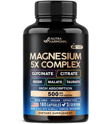 Magnesium Supplement - 5 in 1 Complex | Glycinate | Citrate | Malate | Taurate | Oxide - Made in USA - Stress, Muscle & Heart Support - Vegan, Natural, Non-GMO - 180 Capsules, 2 Month Supply NUTRAHARMONY uk supplements
