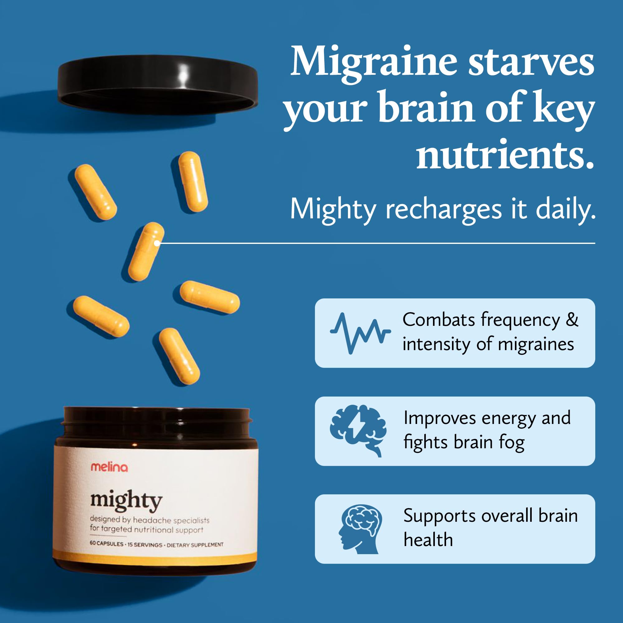 Melina Mighty Natural Migraine Relief Supplement - Magnesium, B2 Riboflavin 400mg, Feverfew, CoQ-10, ALCAR to Strengthen Migraine and Headache Prevention - 15 Servings (60 Caps) Melina uk supplements