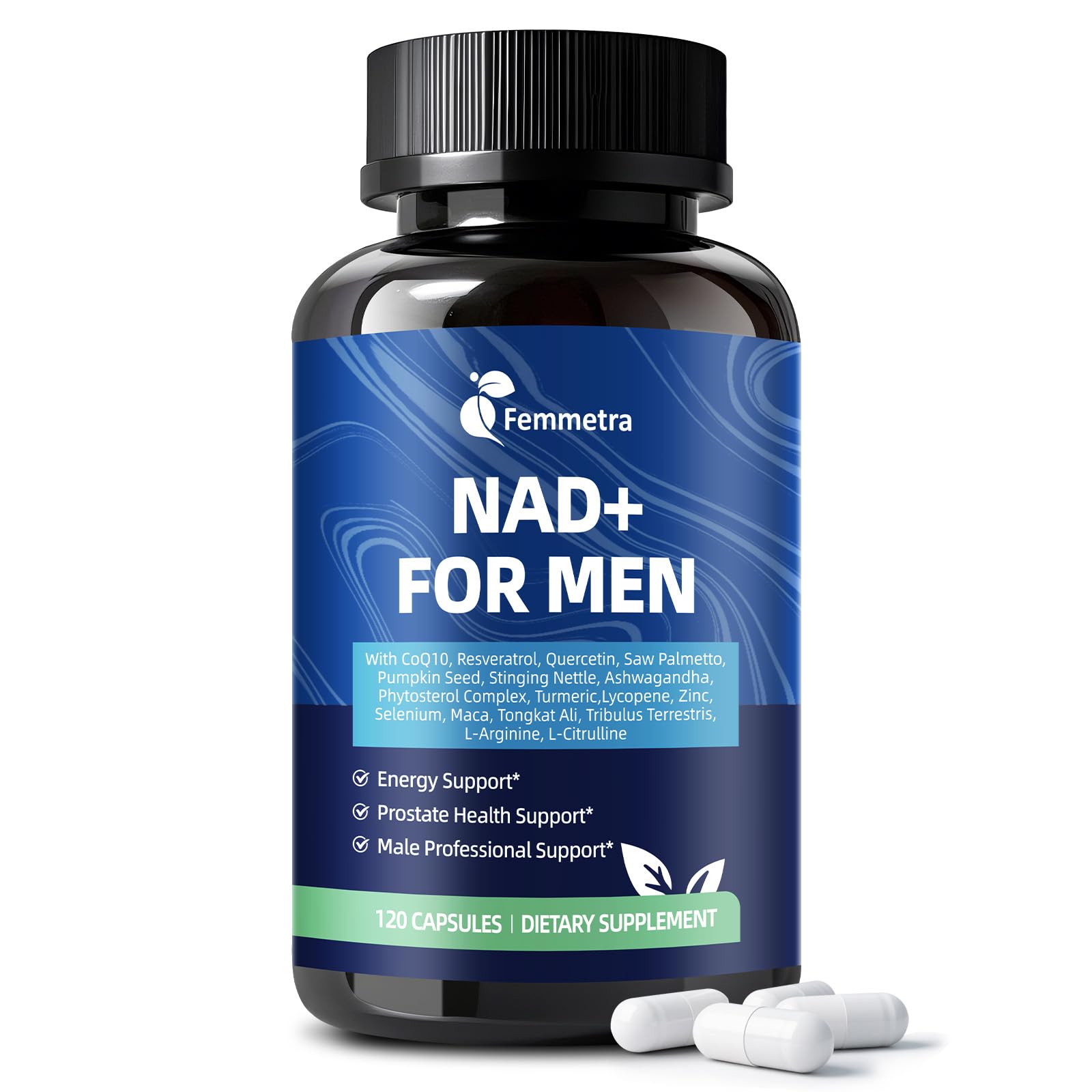 Femmetra NAD+ Supplements for Men with Saw Palmetto | All-in-One Cellular Energy, Prostate Support & Nitric Oxide Supplement with Resveratrol, L-Arginine | Non-GMO, 120 Capsules Femmetra uk supplements