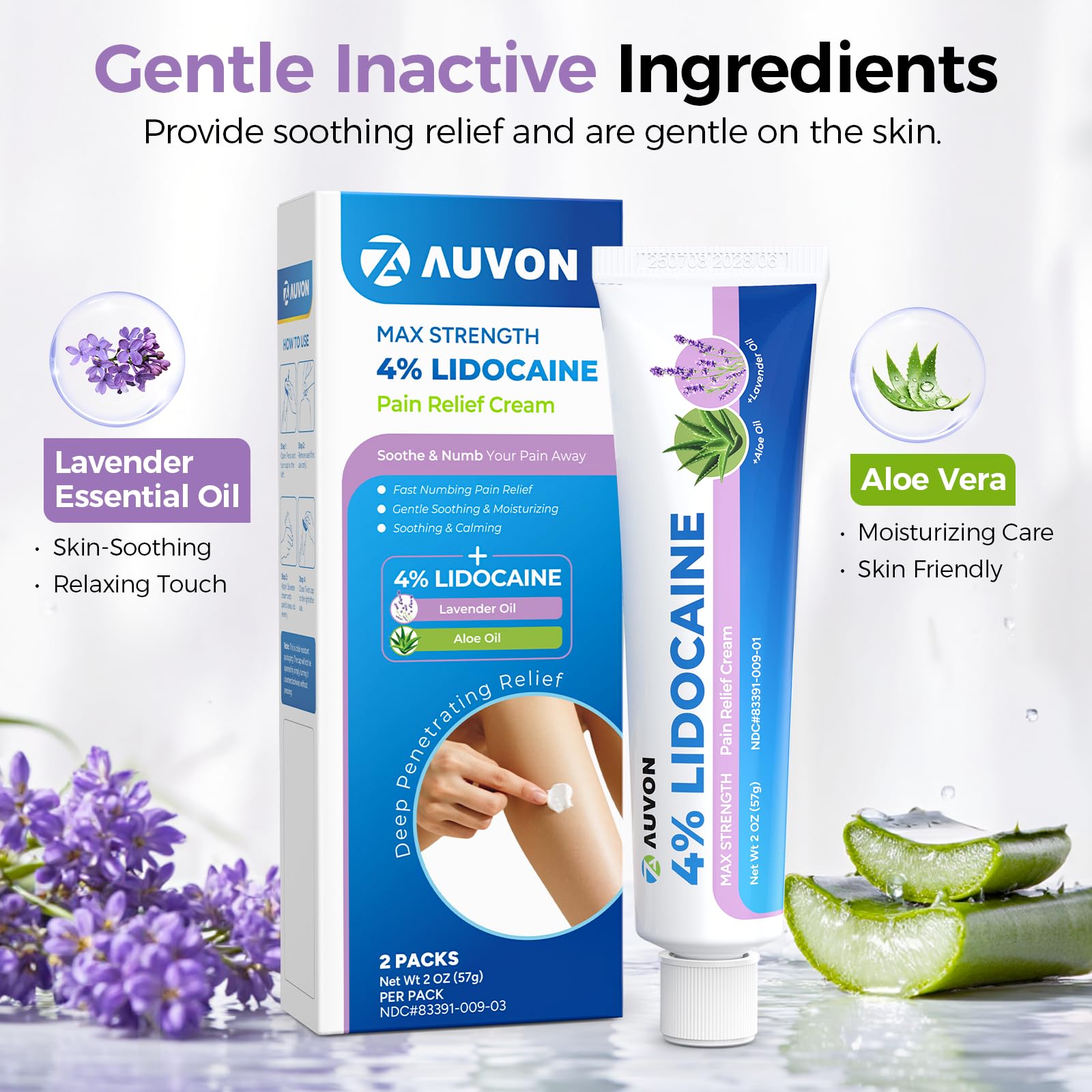 AUVON Max Strength Lidocaine Pain Relief Cream with Lavender & Aloe Vera, Numbing Cream for Minor Arthritis Pain, Soothing Muscle for Neck, Shoulder, Hip, Knee, Joint and Back Pain, 2 Oz, 2 Packs AUVON uk supplements