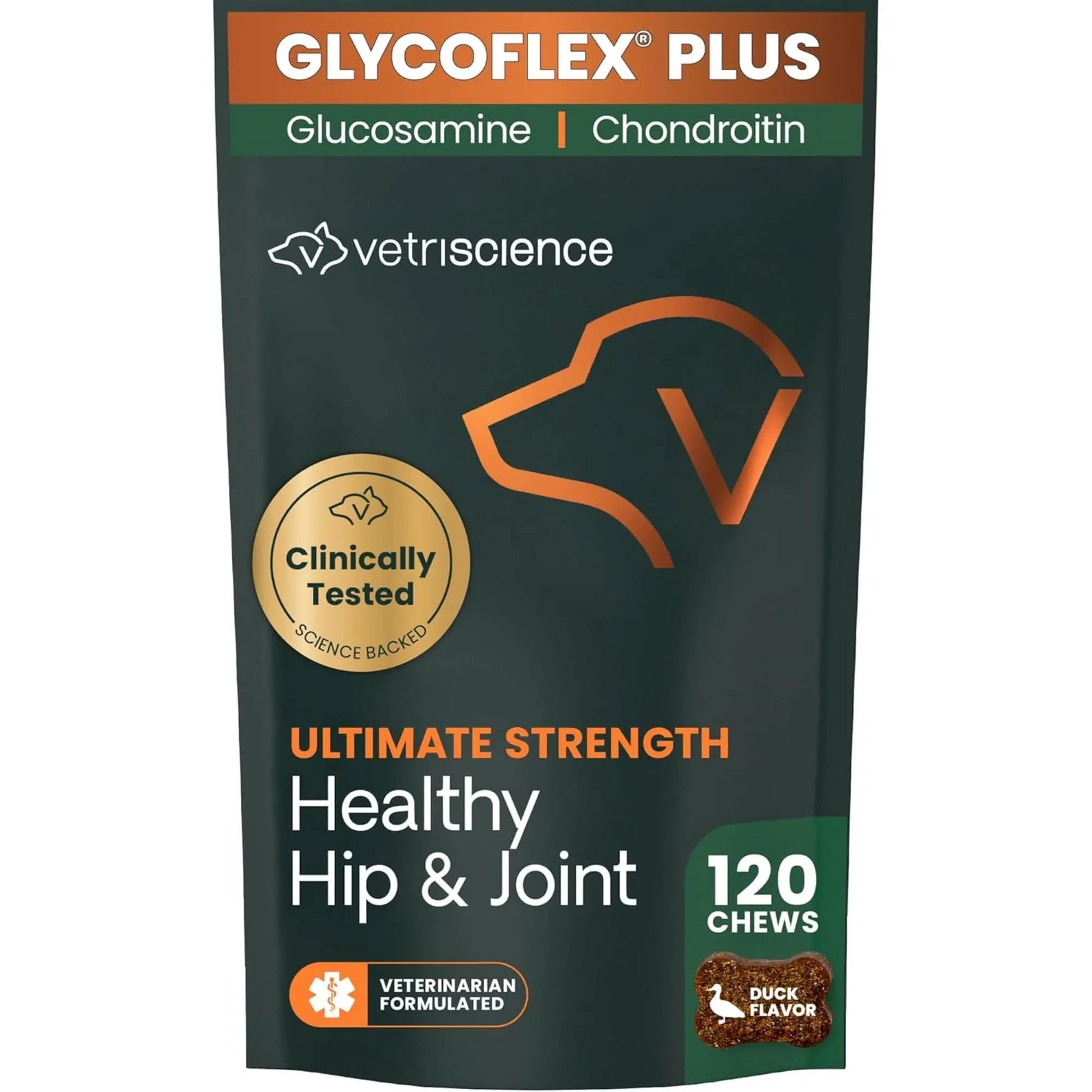 VetriScience Ultimate Strength Healthy Hip & Joint Chews, GlycoFlex Glucosamine, Chondroitin and Green-Lipped Mussel Joint Support Supplement for Dogs, Soothe Joint Discomfort, Duck, 120 Count VETRISCIENCE uk supplements