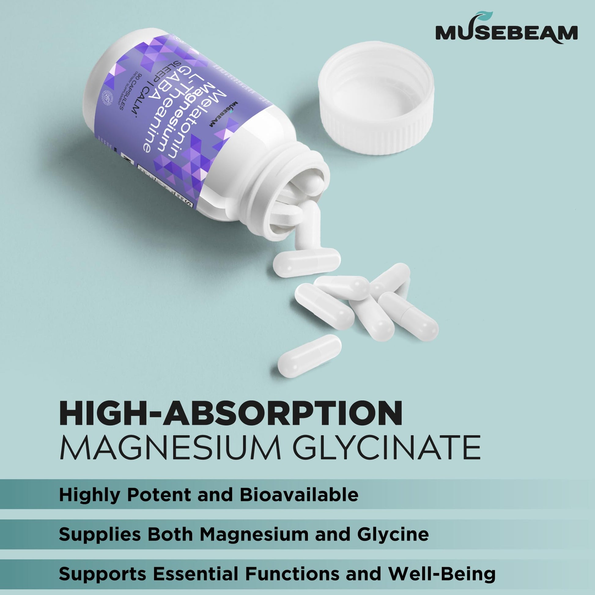 MuseBeam Magnesium Glycinate 275mg Melatonin 5mg L-Theanine 200mg GABA 100mg Capsules - Full Rest Nighttime Bedtime Support Supplement for Men Women - Vegan Sugar-Free Gluten-Free musebeam uk supplements