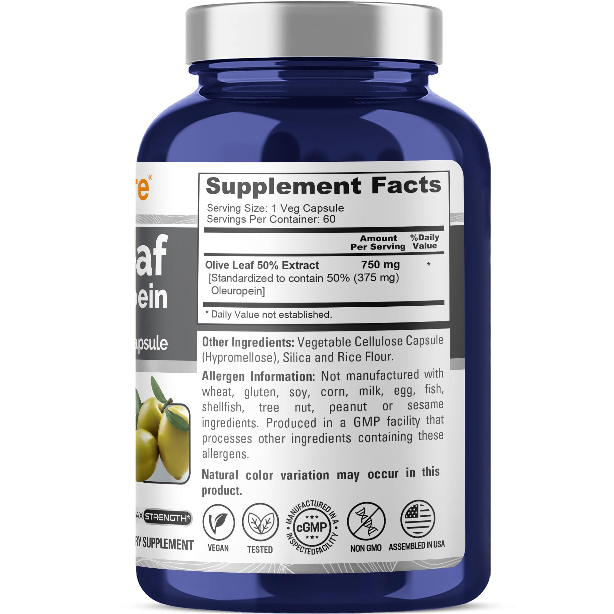 NusaPure Olive Leaf Extract 750 mg - 50% Oleuropein - Vegan and Vegetarian Non-GMO - Super Strength - No Oil - 60 Capsules NusaPure uk supplements