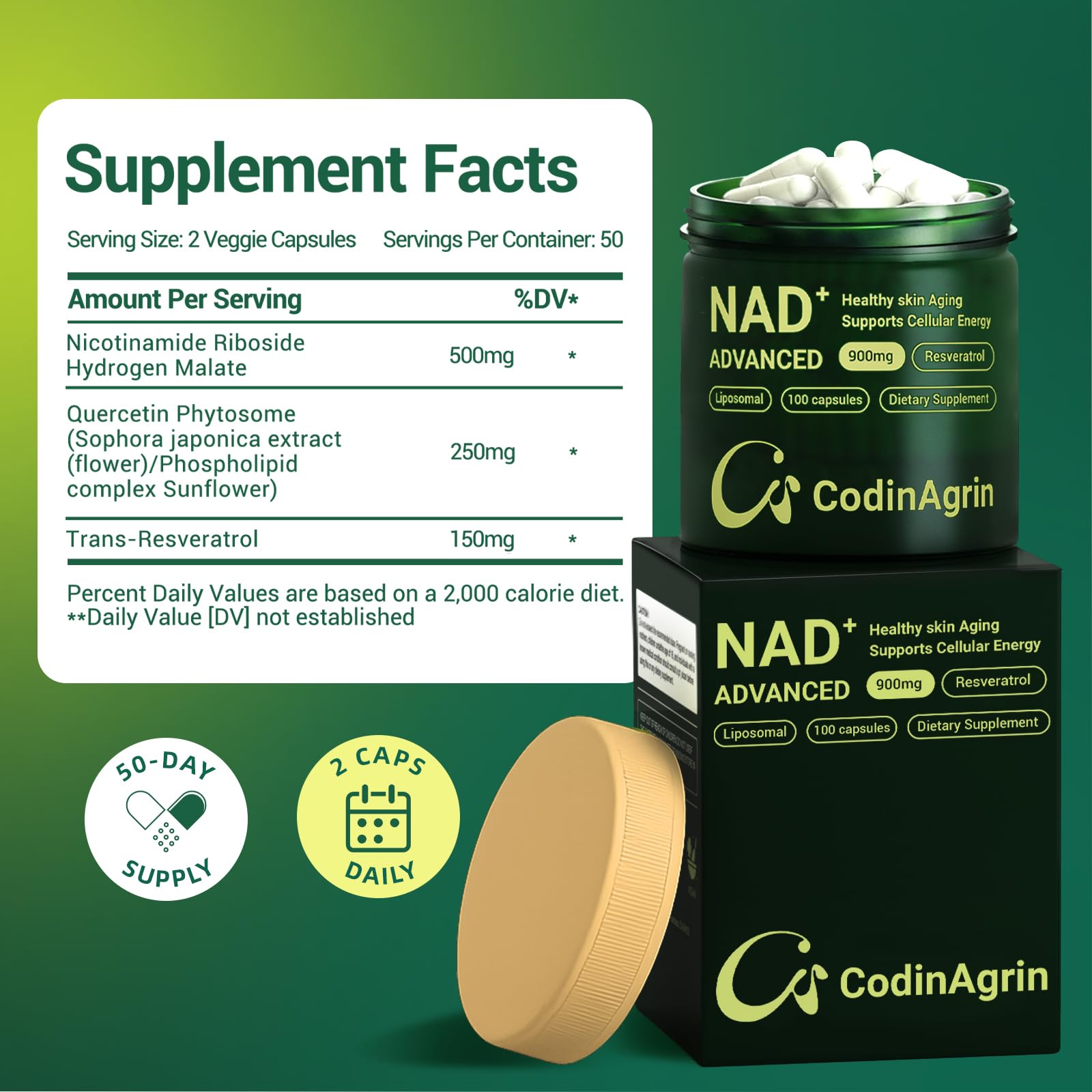 CodinAgrin NAD+ Supplement with Resveratrol 900mg Nicotinamide Adenine Dinucleotide Complex for Cellular Energy Repair, Anti-Aging & Mental Clarity Support, Non-GMO, Vegetarian Friendly, 100 Capsules CodinAgrin uk supplements