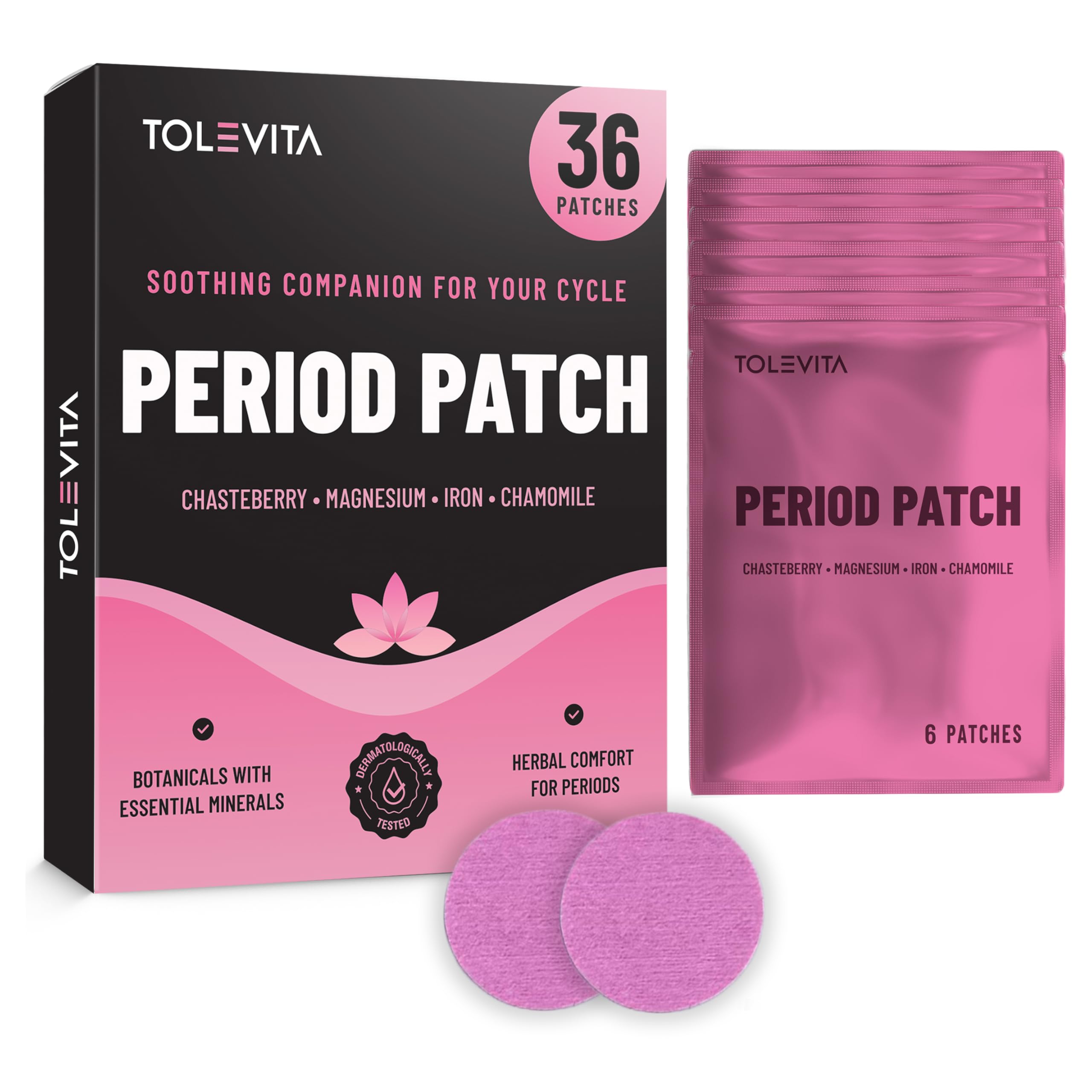 TOLEVITA Period Relief Patches 36 Pcs – Herbal Cramp Support with Chasteberry, Magnesium, Evening Primrose, Dong Quai, Curcumin, Vitamins B6 & E, Iron, Chamomile – Hormonal Balance & Menstrual Comfort TOLEVITA uk supplements