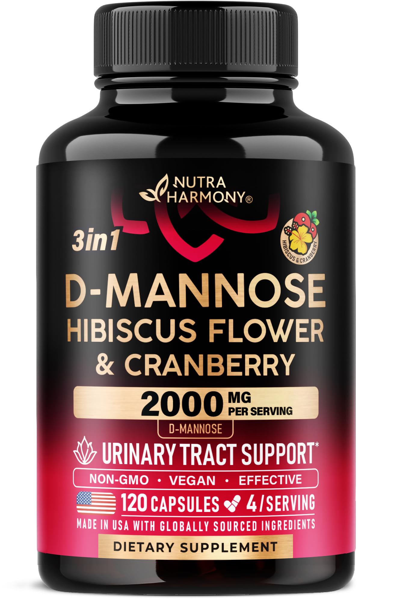 D-Mannose 2000mg with Cranberry & Hibiscus - Clinically Tested Strength for Urinary Tract Health - Supplement for Women - Bladder, Liver & Microflora Support - Made in USA - Vegan, 120 Capsules NUTRAHARMONY uk supplements