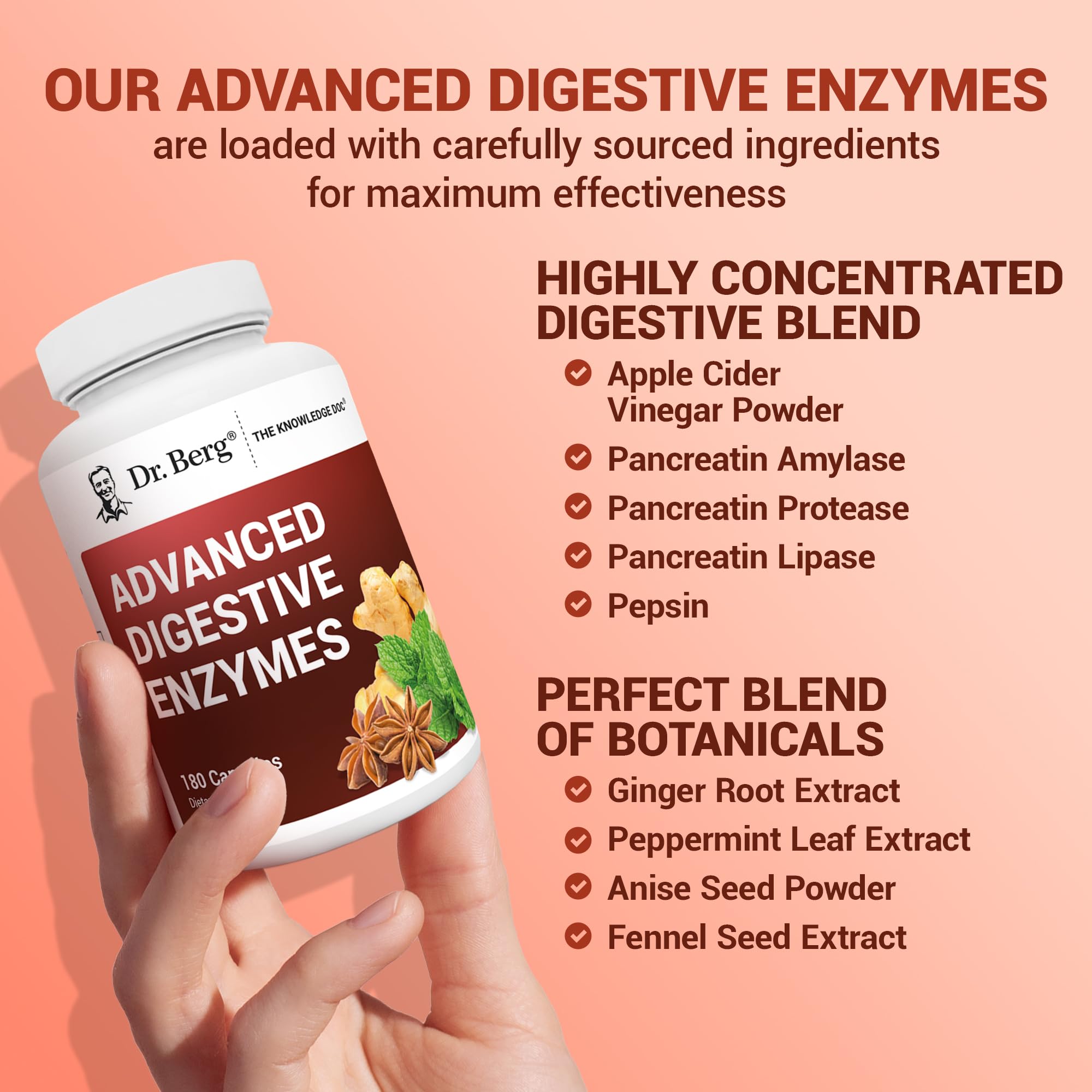 Dr. Berg Advanced Digestive Enzymes with Apple Cider Vinegar - Includes Digestive Health Ingredients Like Betaine Hydrochloride (HCI), Ginger Root & Peppermint Leaf - 180 Capsules Dr. Berg Nutritionals uk supplements