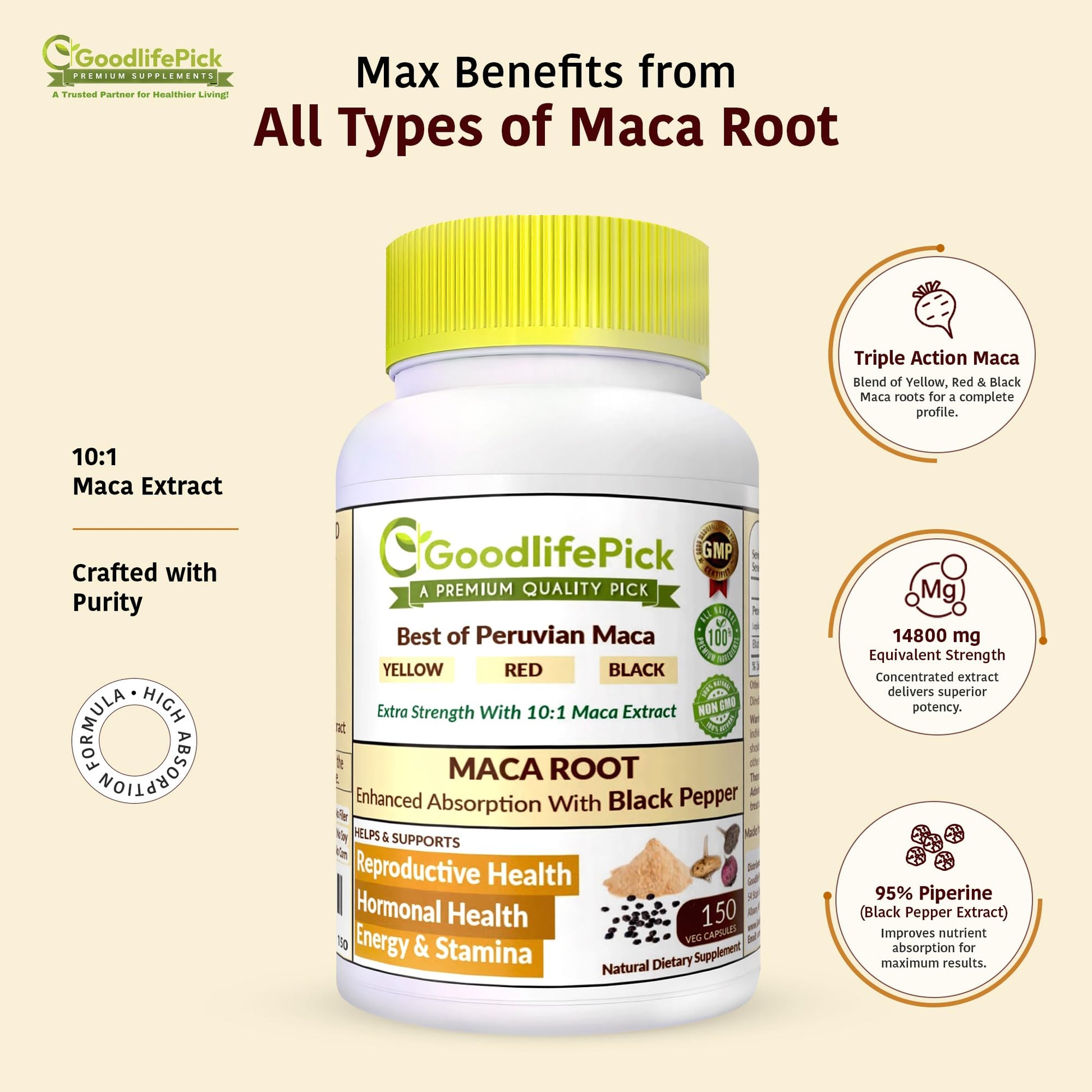 Peruvian Maca Root Capsules 150 ct. Powerful Maca Blend of Yellow Red & Black Maca Root with Black Pepper. All Natural NonGMO Vegan No Stearate No Rice Powder No Silica No Filler GoodlifePick uk supplements