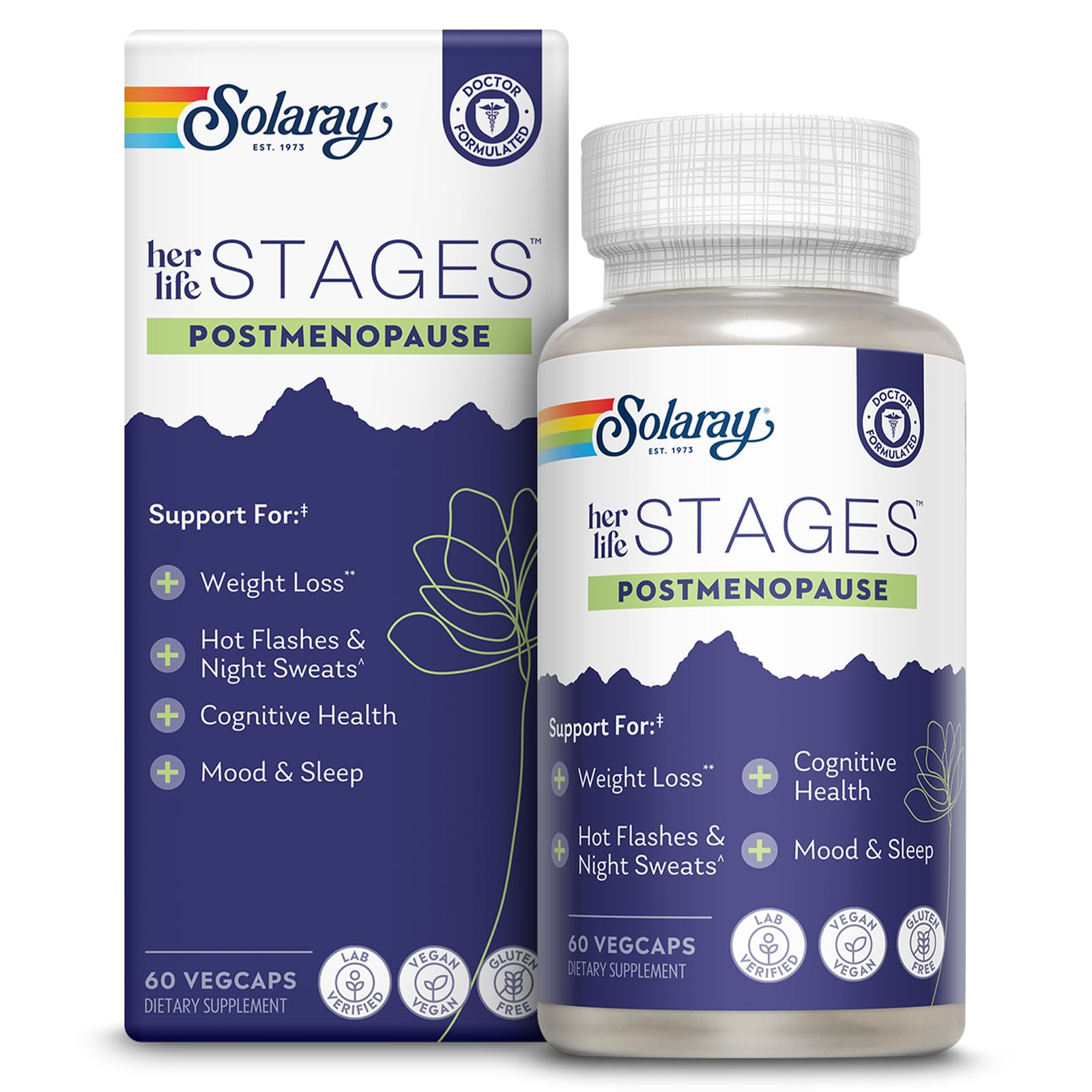 SOLARAY Postmenopause her Life Stages - Post Menopause Supplements for Women with Resveratrol - Vegan and Made Without Hormones - 60-Day Guarantee - Vegan, Lab Verified - 30 Servings, 60 VegCaps SOLARAY uk supplements