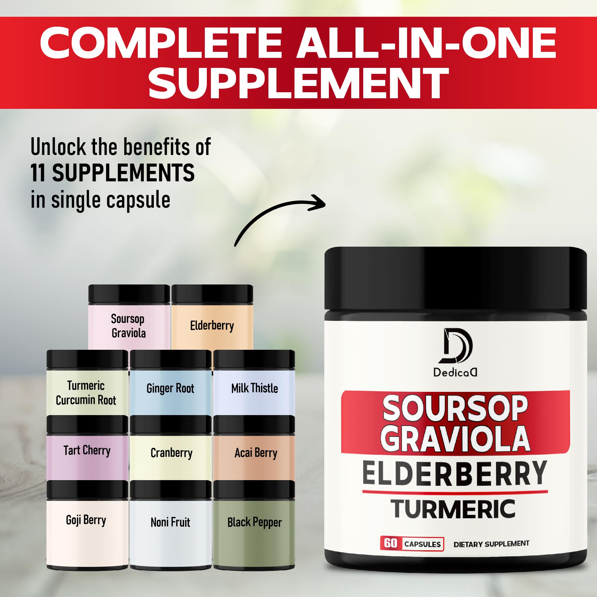 DEDICAD 11in1 Graviola Soursop Capsules - Blended with Elderberry, Turmeric, Ginger, Milk Thistle, Cranberry & More - Support Positive Mood, Immune System & Body Management DEDICAD uk supplements