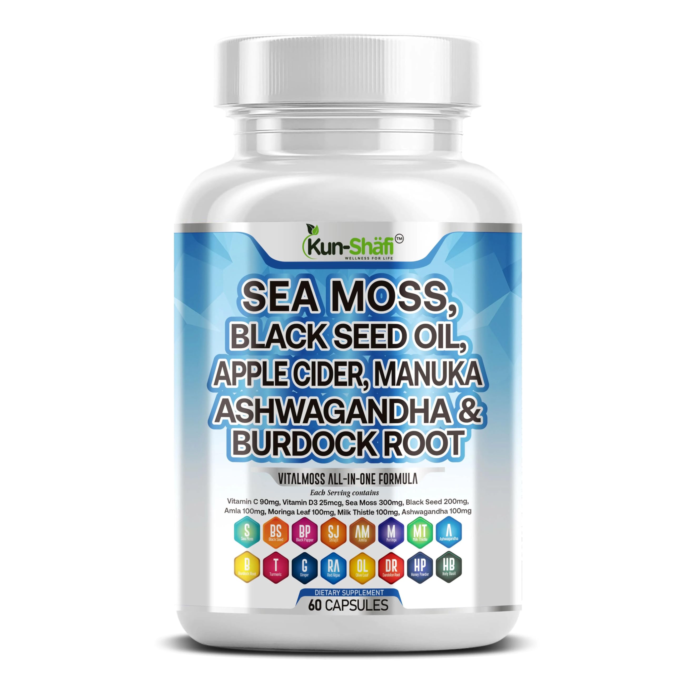 Kun Shafi Sea Moss Complex – with Black Seed Oil, Shilajit, Amla, Moringa, Turmeric, Ashwagandha & Burdock – Enriched with Vitamin C, D3, Chlorophyll, Manuka & Ginger – 60 Capsules Kun Shafi uk supplements