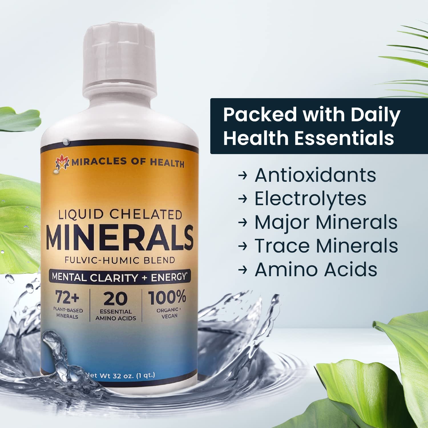 Miracles of Health Liquid Chelated Minerals - Organic Humic Fulvic Mineral Blend - 72+ Plant-Based Minerals, 20 Essential Amino Acids - 100% Natural - 1 Month Supply, 32 fl. oz Miracles of Health uk supplements