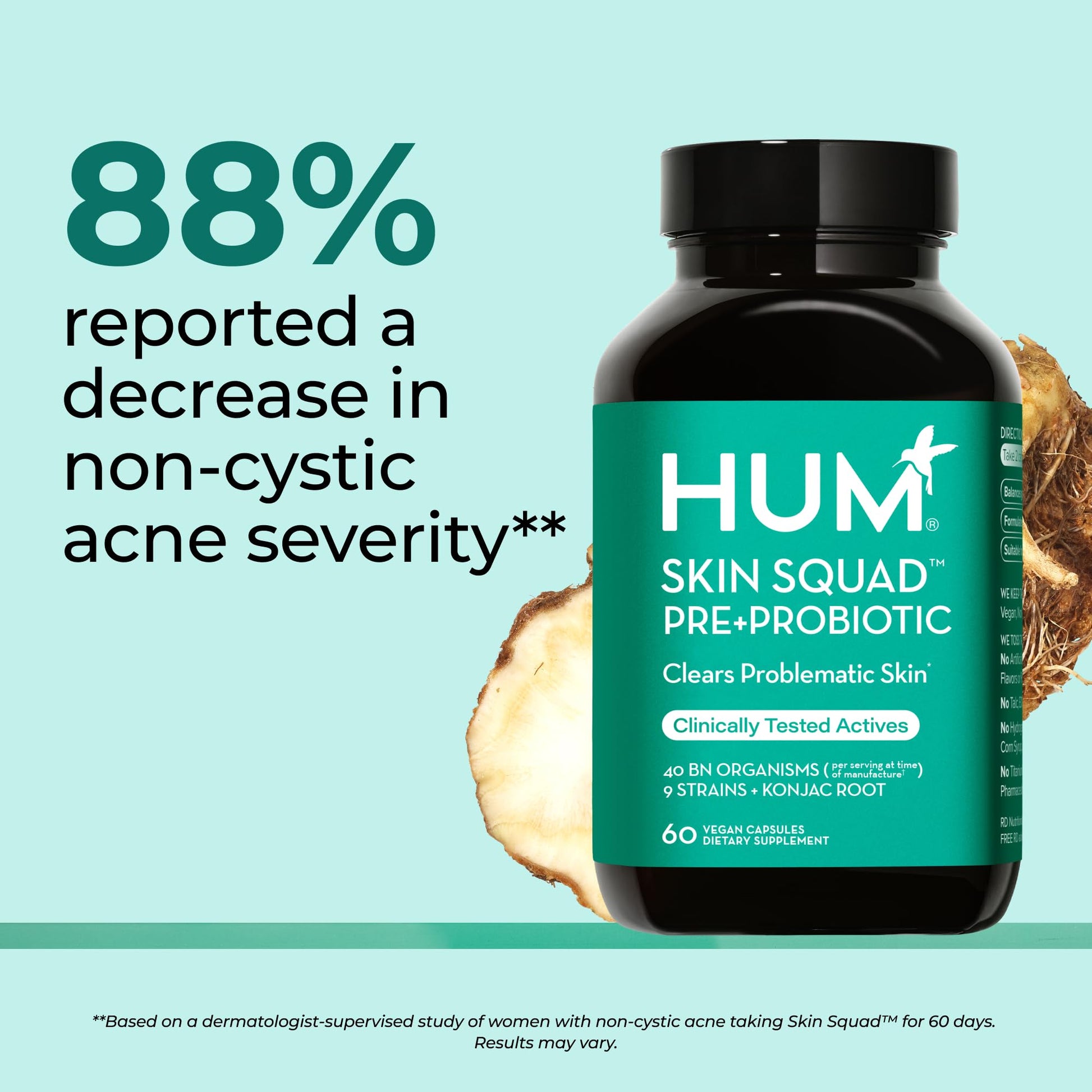 HUM Skin Squad Probiotics for Women and Men, Skin Care Supplement for Clear Complexion & Gut Health Support, Microbiome Prebiotic & Probiotic Supplement for Breakouts, Digestive Health, 60 Capsules HUM uk supplements