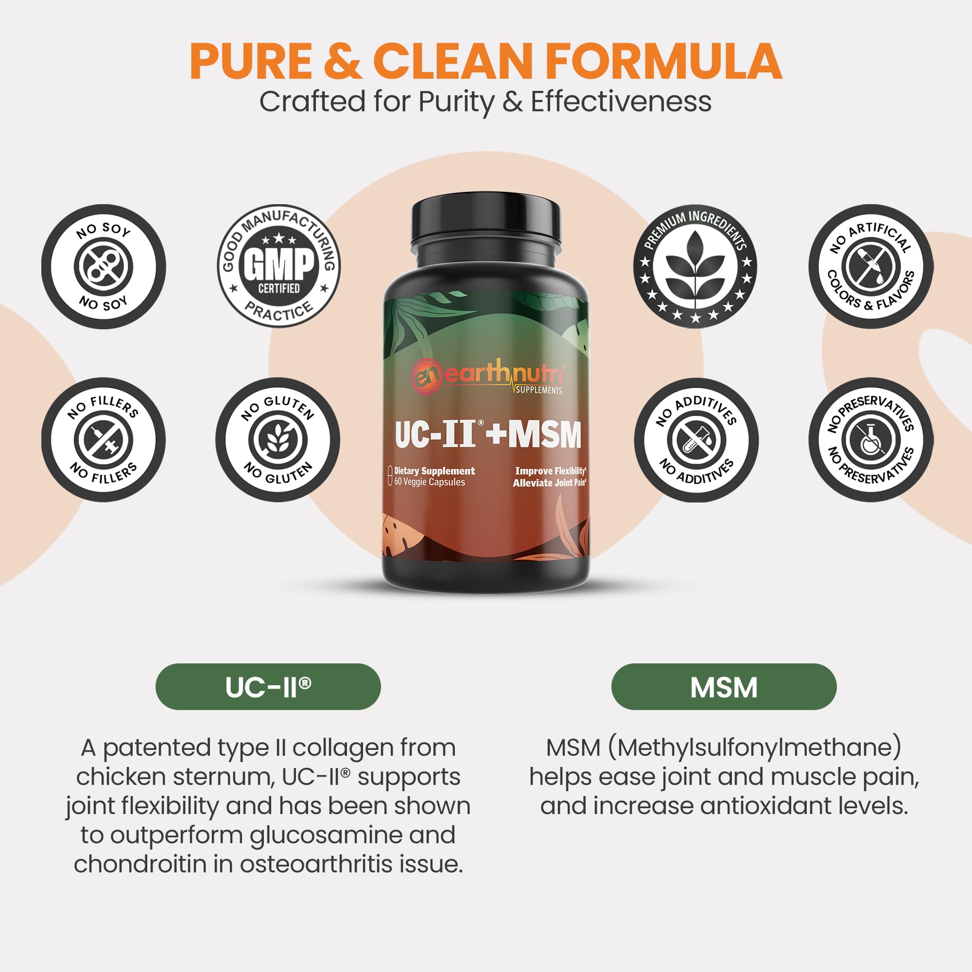 EarthNutri UC-II Collagen & MSM Supplement for Bone Health and Joint Flexibility Joint Supplement - 40mg UC-II Providing 10mg Total Collagen & 1000mg MSM - 60 Capsules (2 Caps Daily) EarthNutri uk supplements