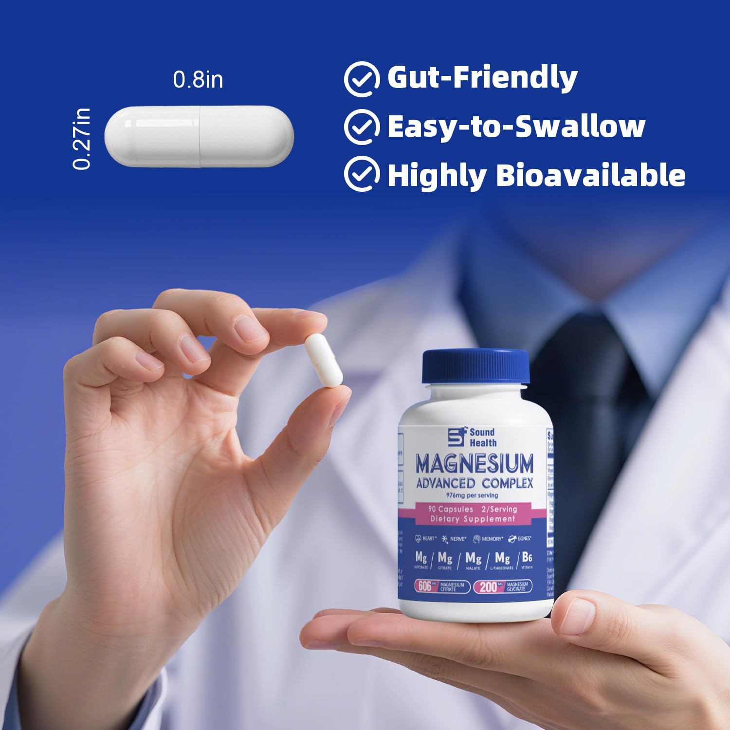 5 in 1 Magnesium Complex Capsule 976mg wtih Magnesium Glycinate, Citrate, Malate, L-Threonate & Vitamin B6, High Absorption Magnesium Complex for Women & Men, Third-Party Tested, Vegan, Non-GMO Sound Health Plus uk supplements