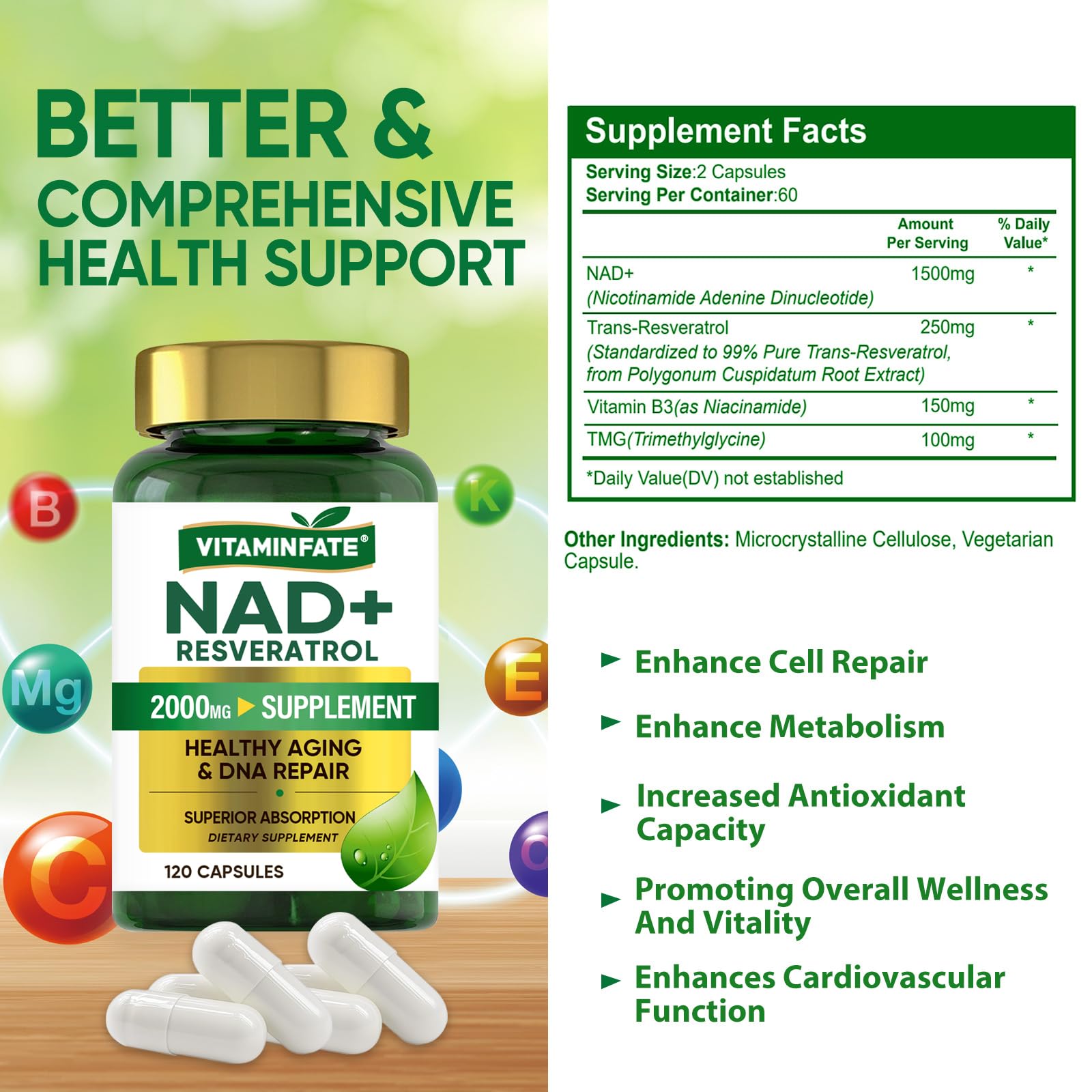 VITAMINFATE NAD+ Supplement 2000 mg - 120 Capsules True NAD+ & Resveratrol, NMN Alternative Supports Anti-Aging, Cellular Energy & Repair, Metabolism & Brain Boost for Men & Women VITAMINFATE uk supplements