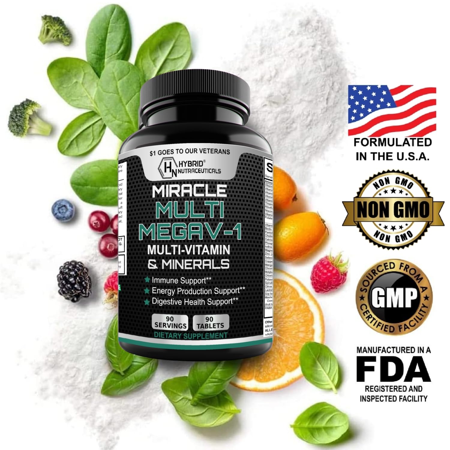 MEGAV-1 Multi-Vitamin, Superfood & Minerals - Daily Multivitamin with Probiotics, Digestive Enzyme, Mushroom Complex for Heart Health, Immune Support, Energy & Stamina - 90 Tablets Hybrid Nutraceuticals uk supplements