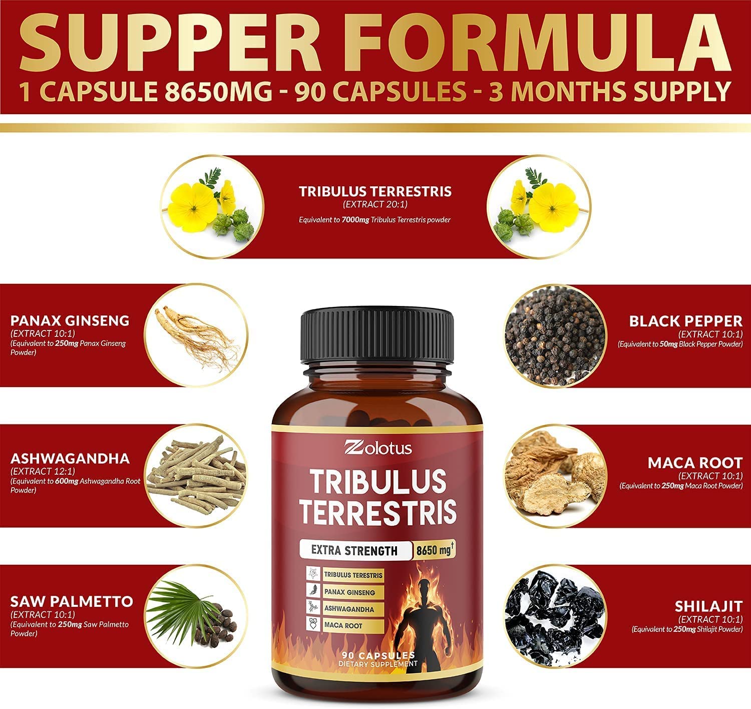 Zolotus Tribulus Terrestris, 8650mg Per Capsule, High Potency with Ashwagndha Zolotus uk supplements