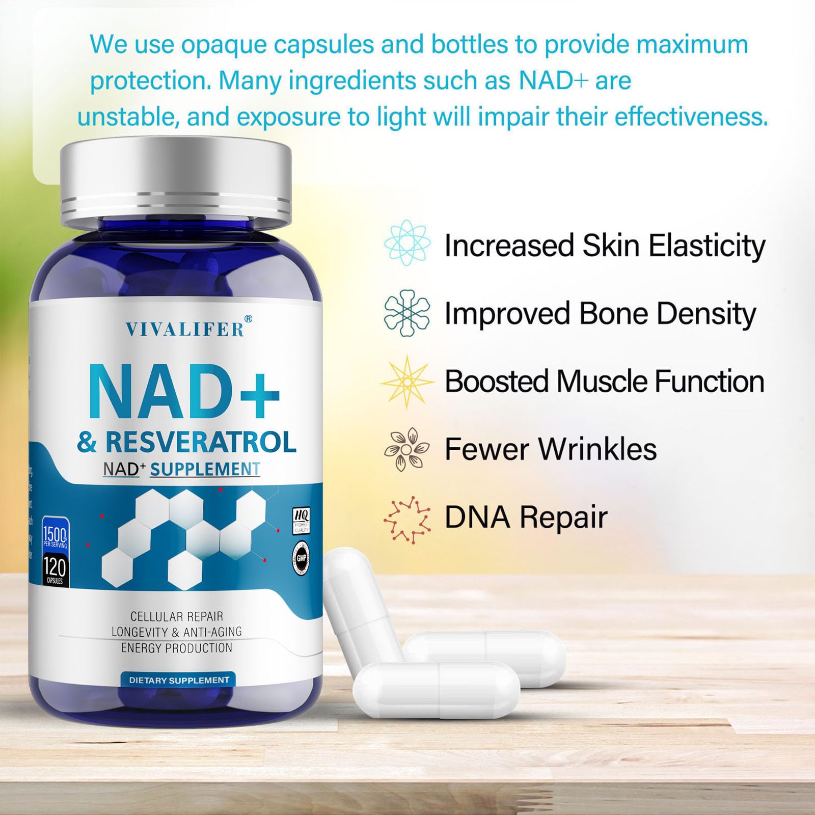 DQQI NMN Supplement Alternative 1500 mg - 120 Capsules (40 Day Supply) High Purity NAD+ & Resveratrol for Anti-Aging, Antioxidant Support, Energy & Focus Boost DQQI uk supplements
