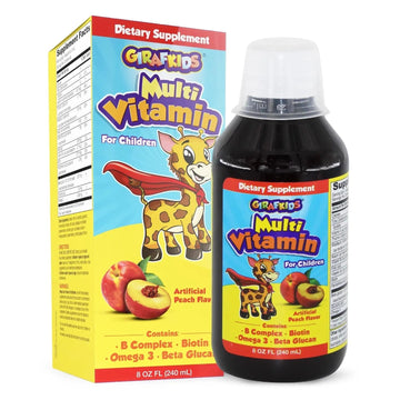 GirafKids Liquid Multivitamin for Kids Ages 4+, 8oz - Daily Child Vitamins with Biotin, Vitamin A, B Complex, Folic Acid, Omega-3 & Beta Glucan PHARMADEL uk supplements