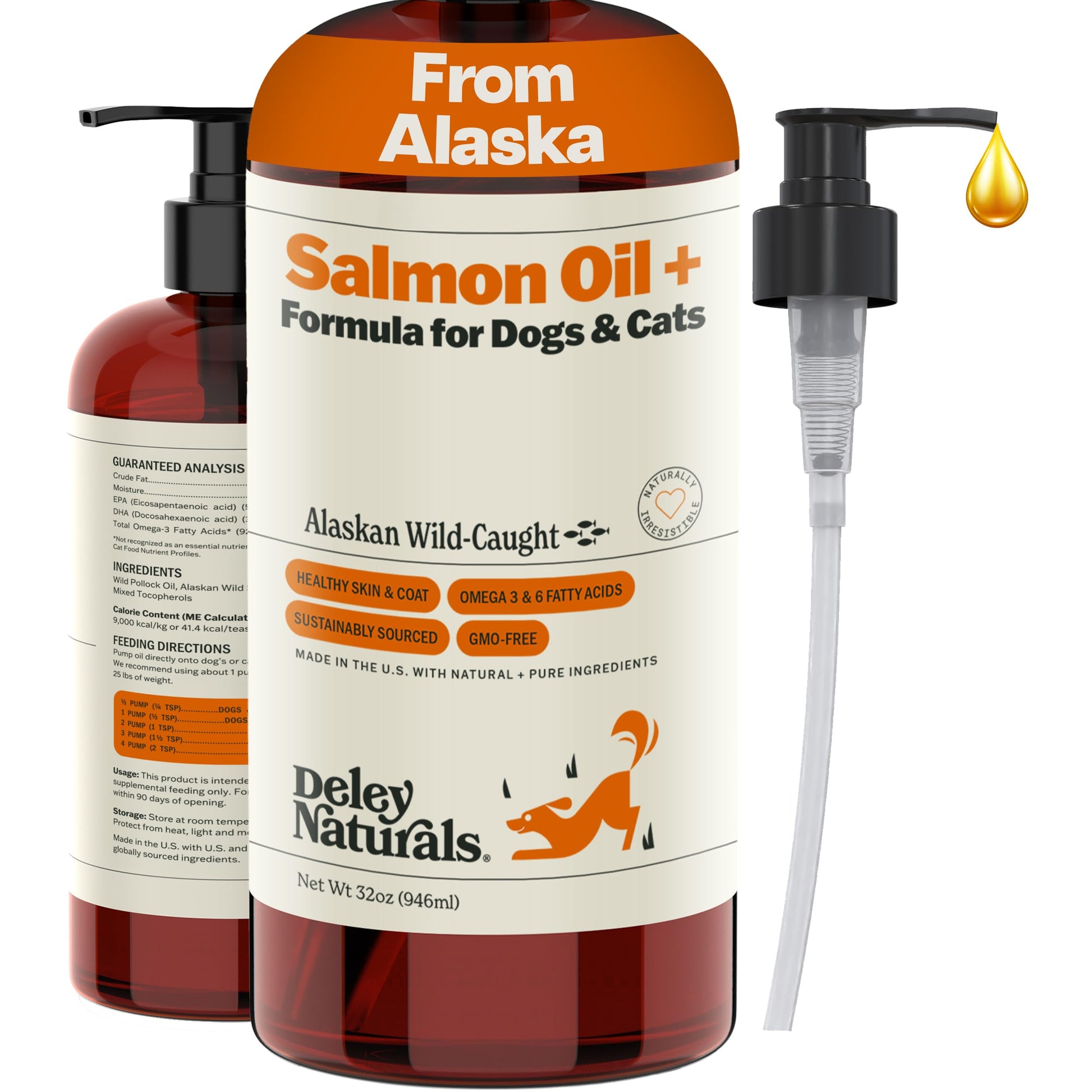 Deley Naturals Wild Alaskan Salmon Oil for Dogs & Cats - New and Improved Salmon Oil Plus Formula - Fish Oil for Dogs with Omega 3, DHA and EPA - Omega 3 for Healthy Skin and Coat - 32oz Made in USA Deley Naturals uk supplements