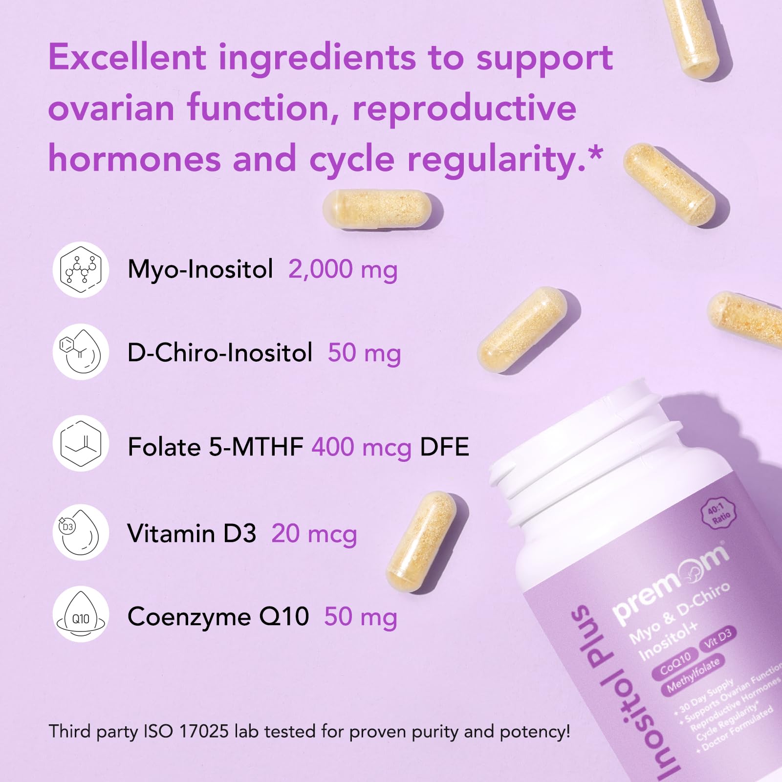 Premom Inositol Plus - 2000mg Myo-Inositol & 50mg D-Chiro Inositol, CoQ10, Folate & Vitamin D3-40:1 Ratio - Supports Hormonal Balance, Ovarian & Reproductive Health - 30 Day Supply Premom uk supplements