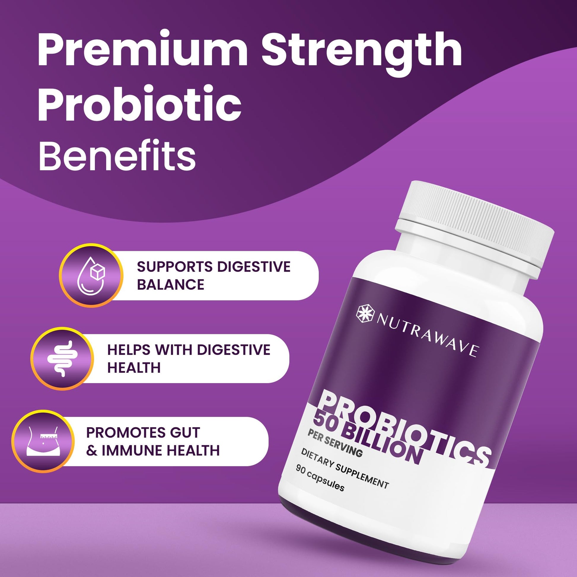 Nutrawave 50 Billion Probiotics for Women & Men, 15 Strains Active Culture. Relieves Bloating & Constipation, Improved Digestion & Gut Health Supplement, Vegan. 60 Powerful Small Capsules. Nutra Wave uk supplements