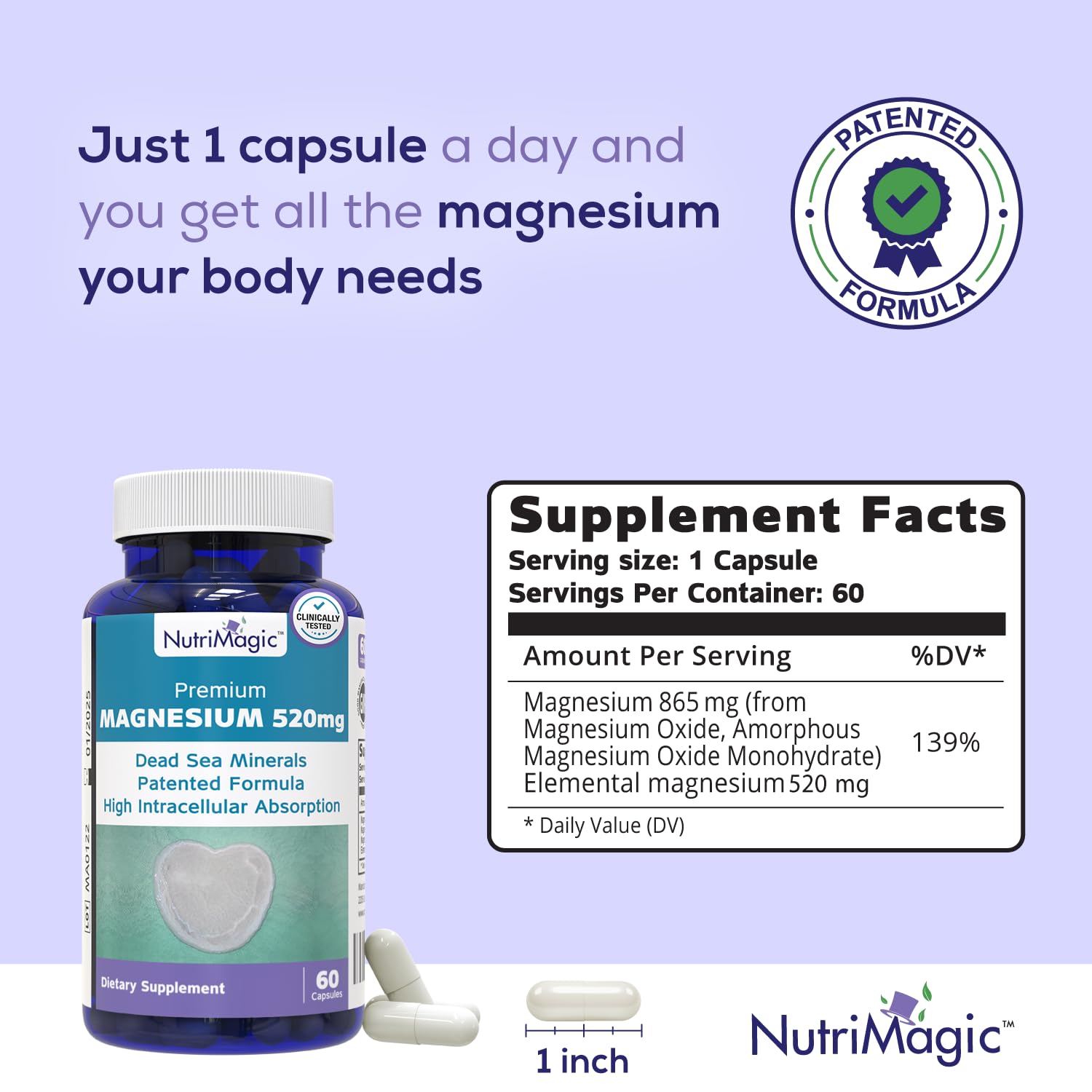 NutriMagic 520mg Patented High Absorption Elemental Magnesium from Oxide, Dead Sea Minerals Complex (1 Bottle, 2-Month Supply (60 Capsules)) NutriMagic uk supplements