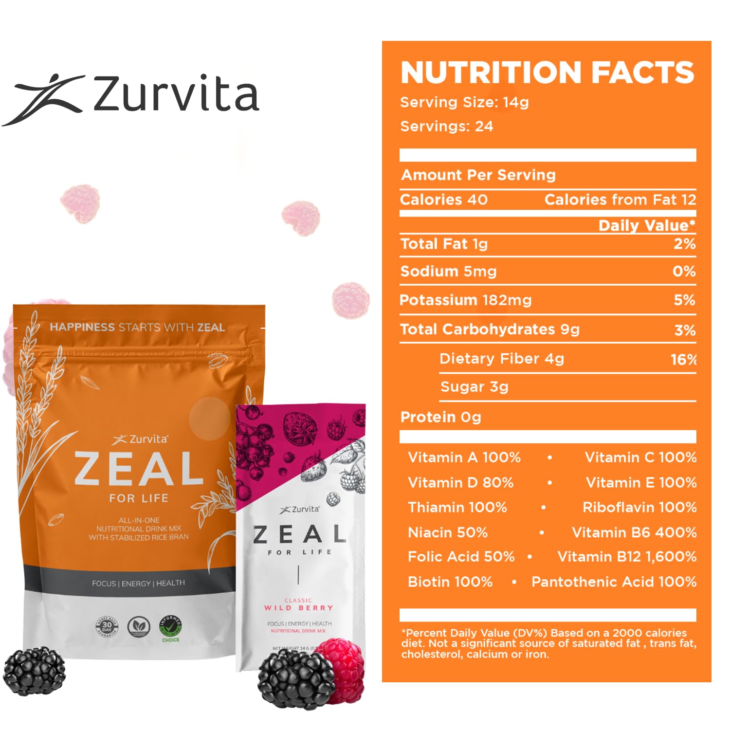 Zurvita - Zeal for Life Wellness Drink Mix - Wild Berry (Classic) Flavor - Gluten-Free, Vegan, with Vitamins and Minerals - 10 Single Packets Zurvita uk supplements