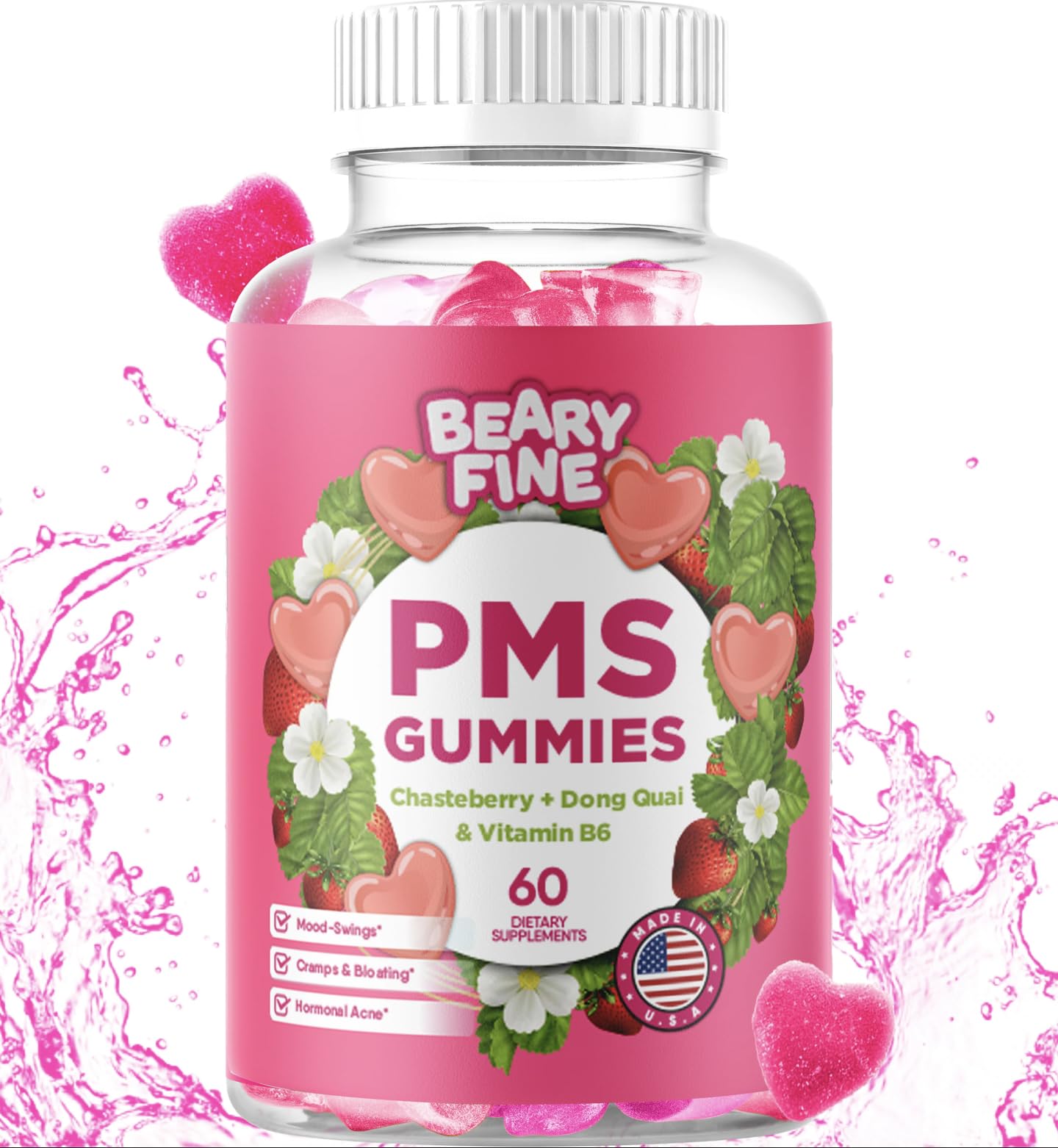 Beary Fine PMS Gummies - PMS Vitamins for Women & Teens - PMS Period Relief - Cramping, Bloating, Mood Swings - Made in The USA (Strawberry, 60 Count) Beary Fine uk supplements