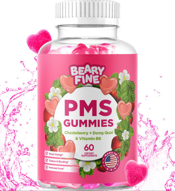 Beary Fine PMS Gummies - PMS Vitamins for Women & Teens - PMS Period Relief - Cramping, Bloating, Mood Swings - Made in The USA (Strawberry, 60 Count) Beary Fine uk supplements