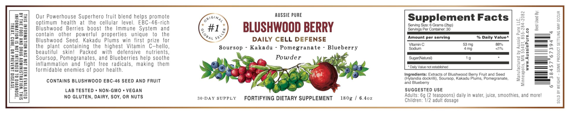 Aussie Pure Blushwood Berry Superfruit Daily Cell Defense - Soursop - Kakadu Plum - Pomegranate - Blueberry - Immune and Cell Support Powder - All Ages - Lab Tested and Authenticated - 180g/6.4oz Aussie Pure uk supplements