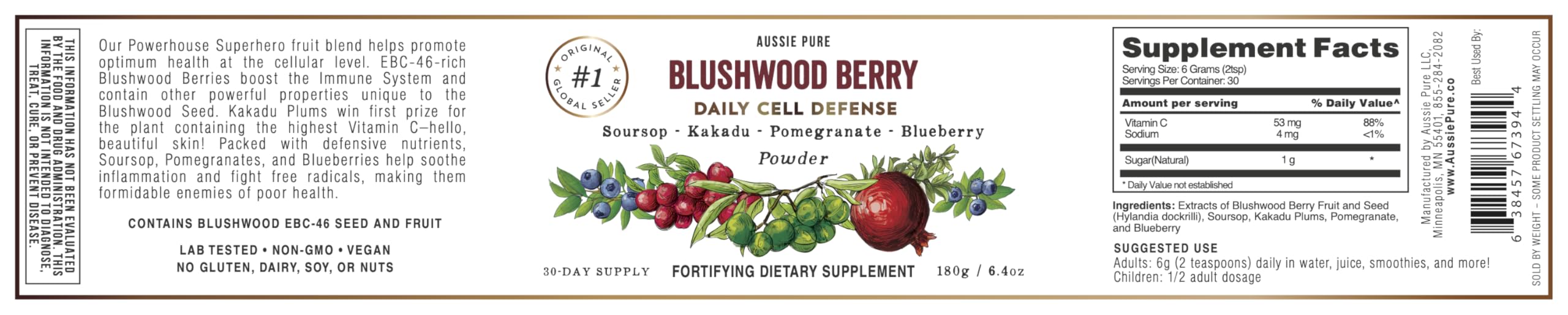 Aussie Pure Blushwood Berry Superfruit Daily Cell Defense - Soursop - Kakadu Plum - Pomegranate - Blueberry - Immune and Cell Support Powder - All Ages - Lab Tested and Authenticated - 180g/6.4oz Aussie Pure uk supplements