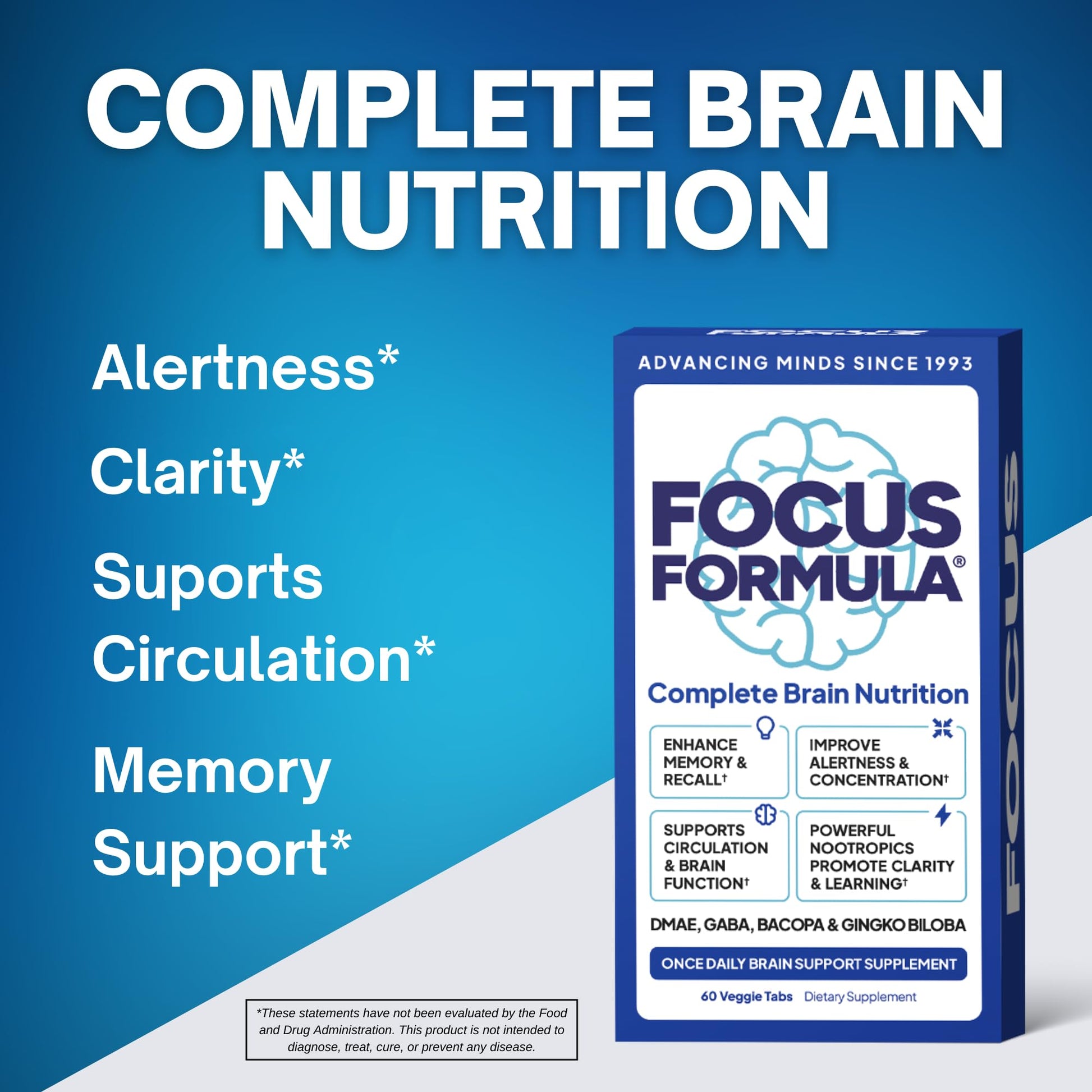 Focus Formula Nootropic Brain Supplement, Focus Capsules for Concentration, Supports Energy, Brain Booster with GABA, DMAE, and BACOPA, Memory Support Supplement, Cognitive Support, 60 Veggie Tablets Focus Formula uk supplements