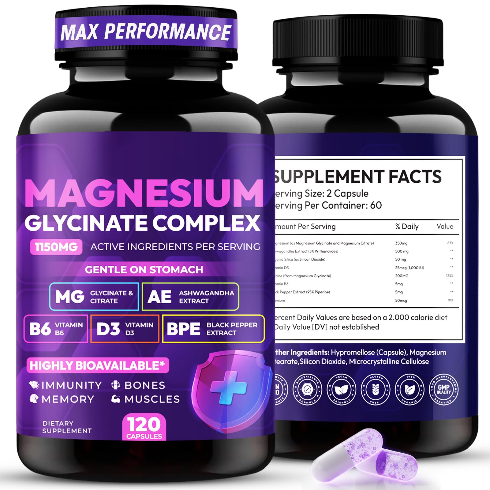 Magnesium Glycinate Complex 1150mg - Gentle on Stomach High Absorption Magnesium Capsules with Citrate, Silica, Ashwagandha & Vitamin B6 for Zzz, Stress Relief, Muscle Support for Adults, Women & Men Cytona uk supplements