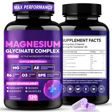 Magnesium Glycinate Complex 1150mg - Gentle on Stomach High Absorption Magnesium Capsules with Citrate, Silica, Ashwagandha & Vitamin B6 for Zzz, Stress Relief, Muscle Support for Adults, Women & Men Cytona uk supplements