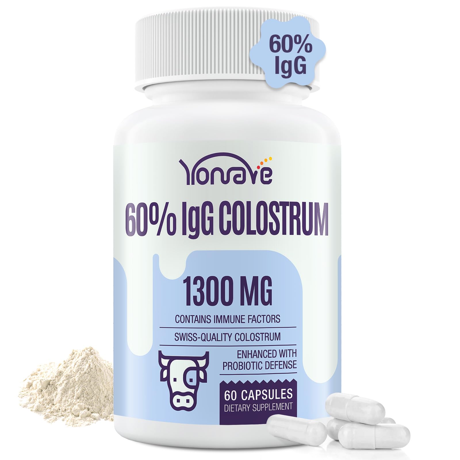 Yonrave Bovine Colostrum Capsules Supplement 1300mg - Extra High 60% IgG Bovine Colostrum - Gut, Bone, Exercise, Immune - 60 Capsules Yonrave uk supplements
