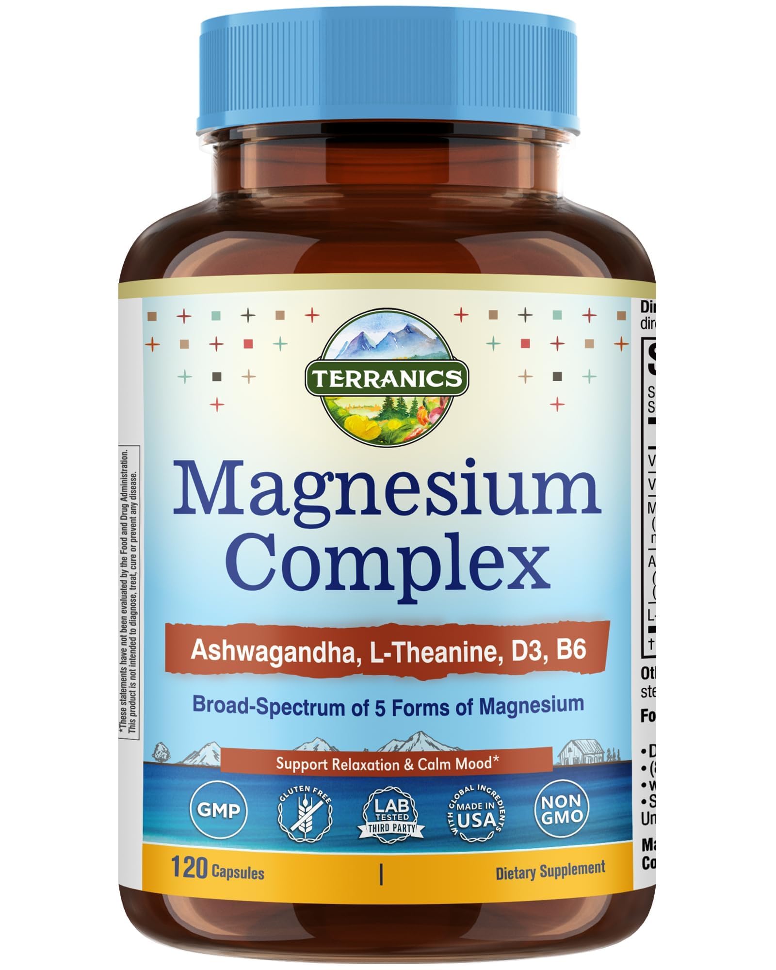 Terranics Magnesium Complex Supplement with Glycinate, Citrate, Taurate & Malate | Supports Nerve & Mood Health | Includes Ashwagandha, L-Theanine, Vitamin D3 & B6 | 120 Capsules | Non-GMO Terranics uk supplements