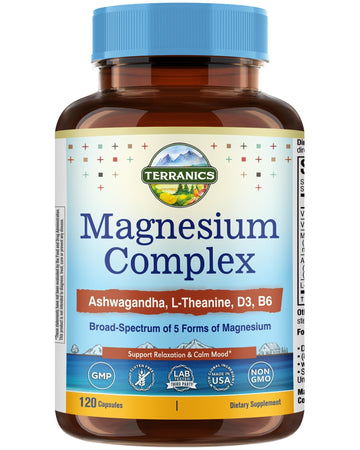 Terranics Magnesium Complex Supplement with Glycinate, Citrate, Taurate & Malate | Supports Nerve & Mood Health | Includes Ashwagandha, L-Theanine, Vitamin D3 & B6 | 120 Capsules | Non-GMO Terranics uk supplements