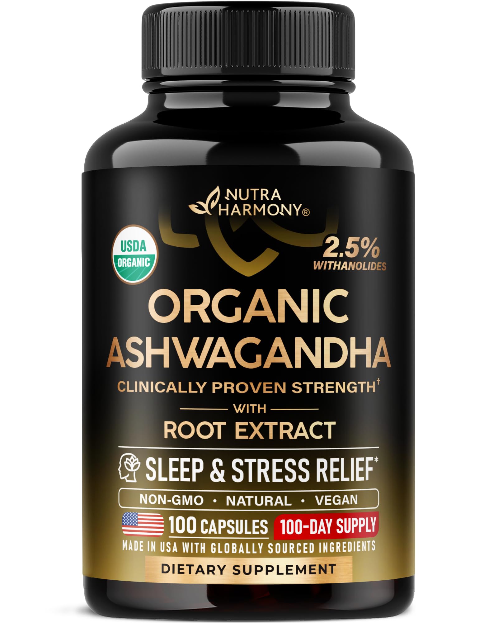Ashwagandha Supplements 1800mg - USDA Organic Ashwagandha for Women & Men - Clinically Effective Strength for Stress Relief & Sleep - Powder & Root Extract 2.5% Withanolides - Made in USA 100 Capsules NUTRAHARMONY uk supplements