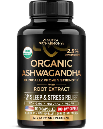 Ashwagandha Supplements 1800mg - USDA Organic Ashwagandha for Women & Men - Clinically Effective Strength for Stress Relief & Sleep - Powder & Root Extract 2.5% Withanolides - Made in USA 100 Capsules NUTRAHARMONY uk supplements