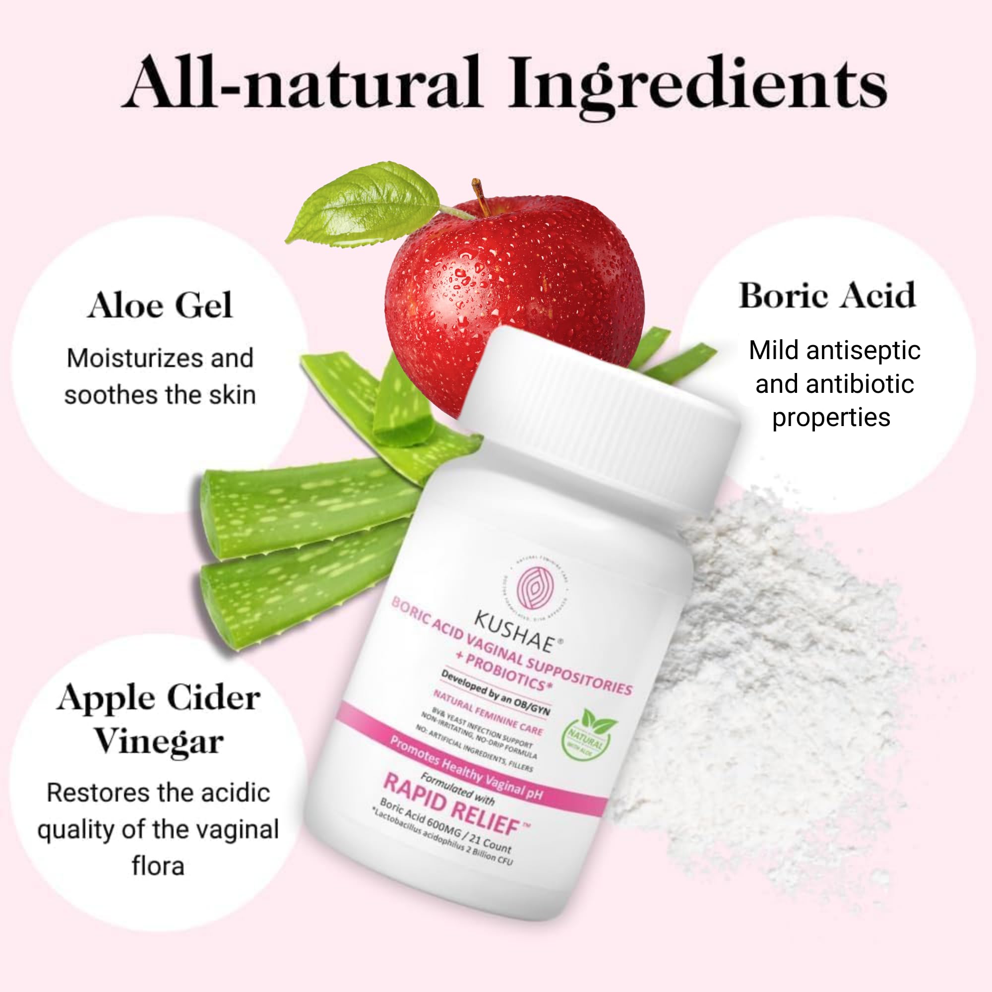 Kushae Boric Acid Suppositories + Rapid Relief, All Natural Female Suppositories with Probiotics & Aloe Vera, Relieves Discomfort & Balances pH Level Bottle Only 21 Capsules Kushae uk supplements