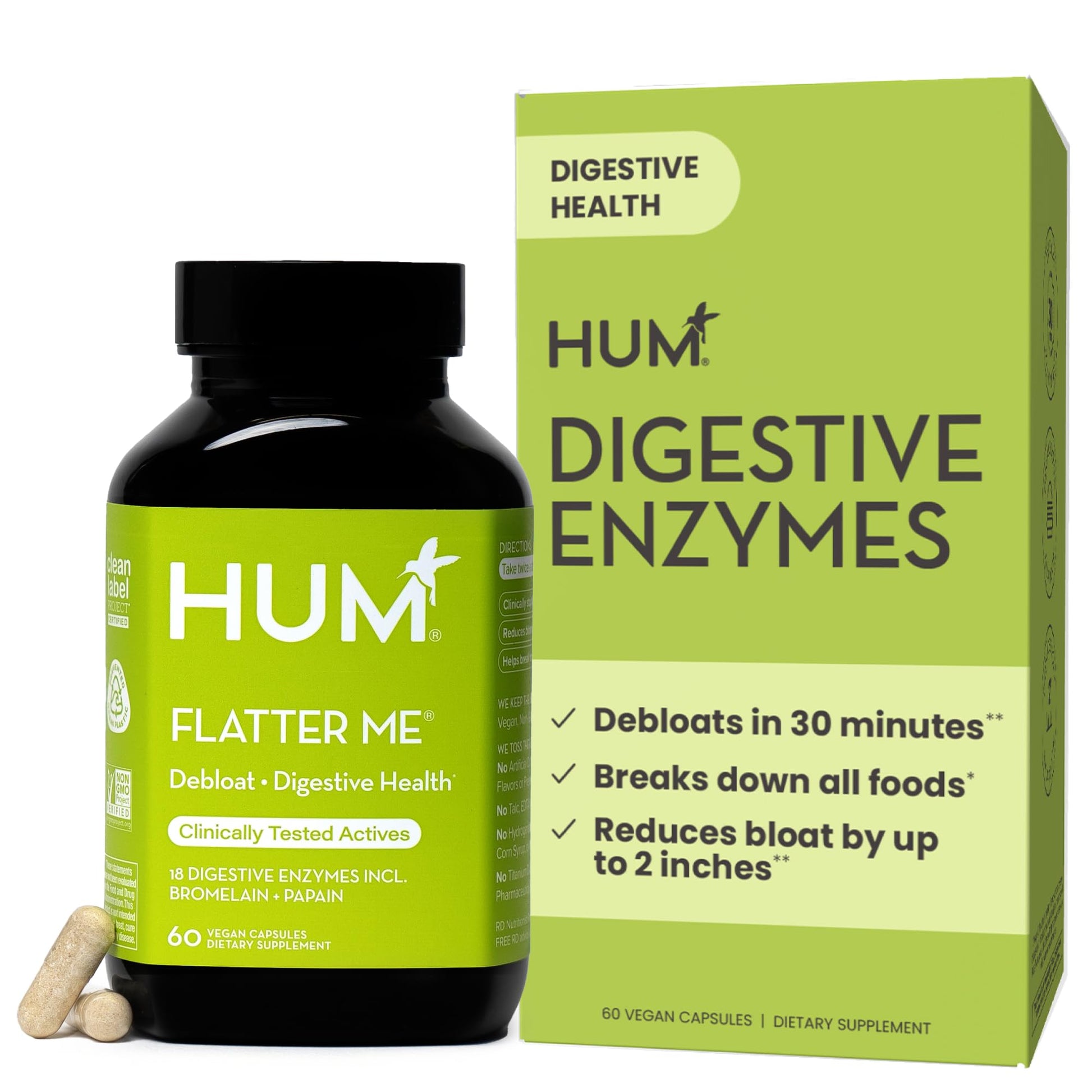 HUM Flatter Me Digestive Enzymes for Women & Men, Digestive Health Bloating Supplement with Ginger & Peppermint Leaf, Fast Acting Anti Bloat Pills Multi Enzyme for Debloating, Vegan, 60 Capsules HUM uk supplements