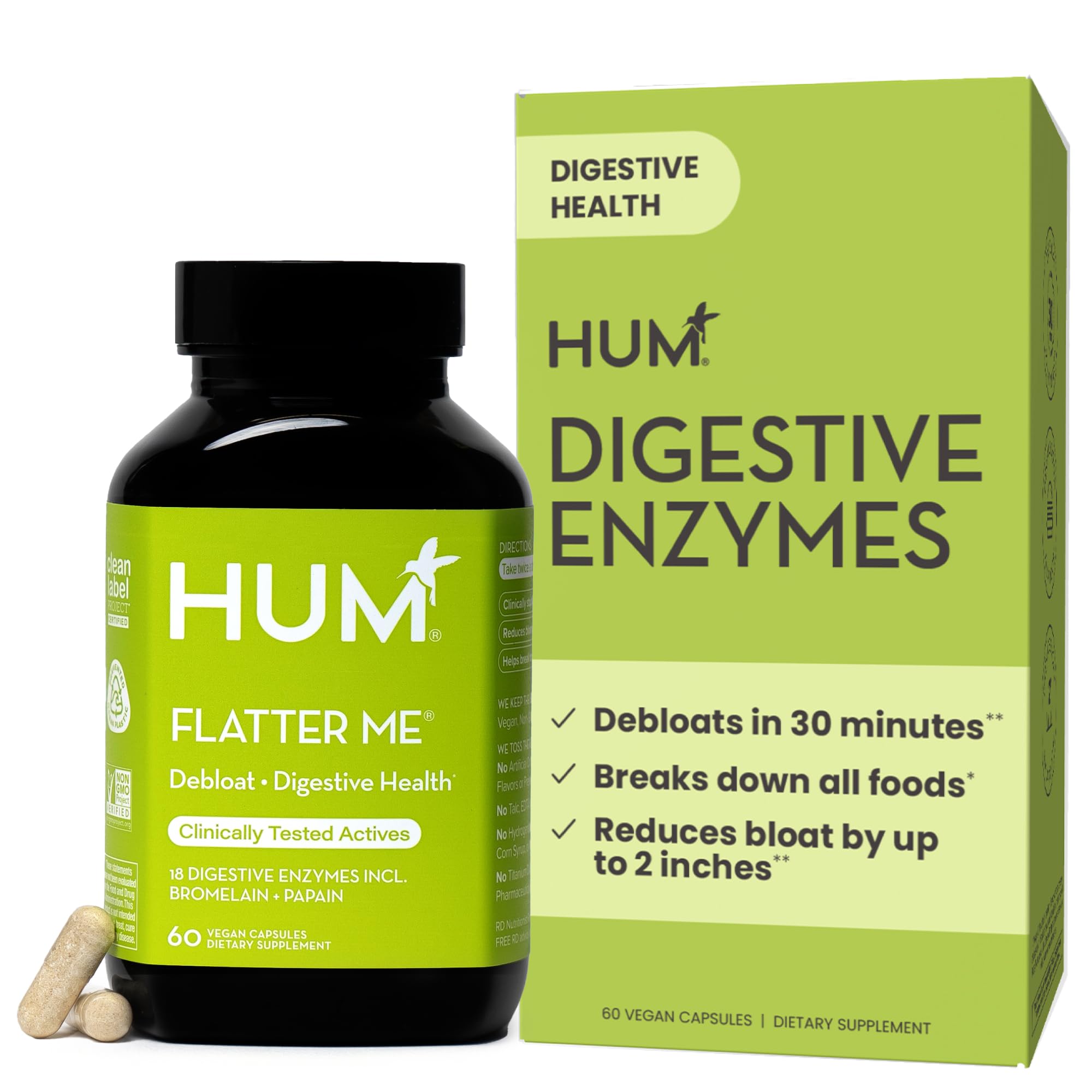 HUM Flatter Me Digestive Enzymes for Women & Men, Digestive Health Bloating Supplement with Ginger & Peppermint Leaf, Fast Acting Anti Bloat Pills Multi Enzyme for Debloating, Vegan, 60 Capsules HUM uk supplements
