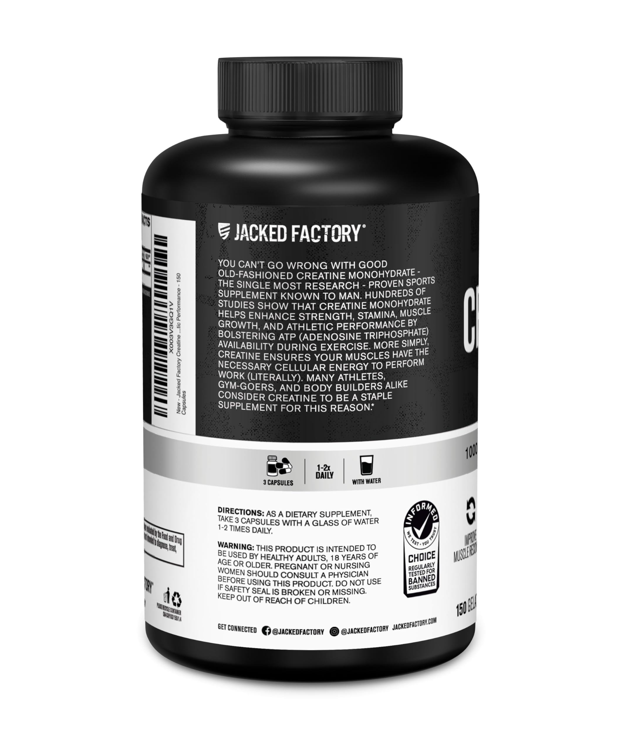 Jacked Factory Creatine Monohydrate Capsules - Creatine Pills for Muscle Growth, Increased Strength, Enhanced Energy Output and Improved Athletic Performance - 150 Capsules Jacked Factory uk supplements