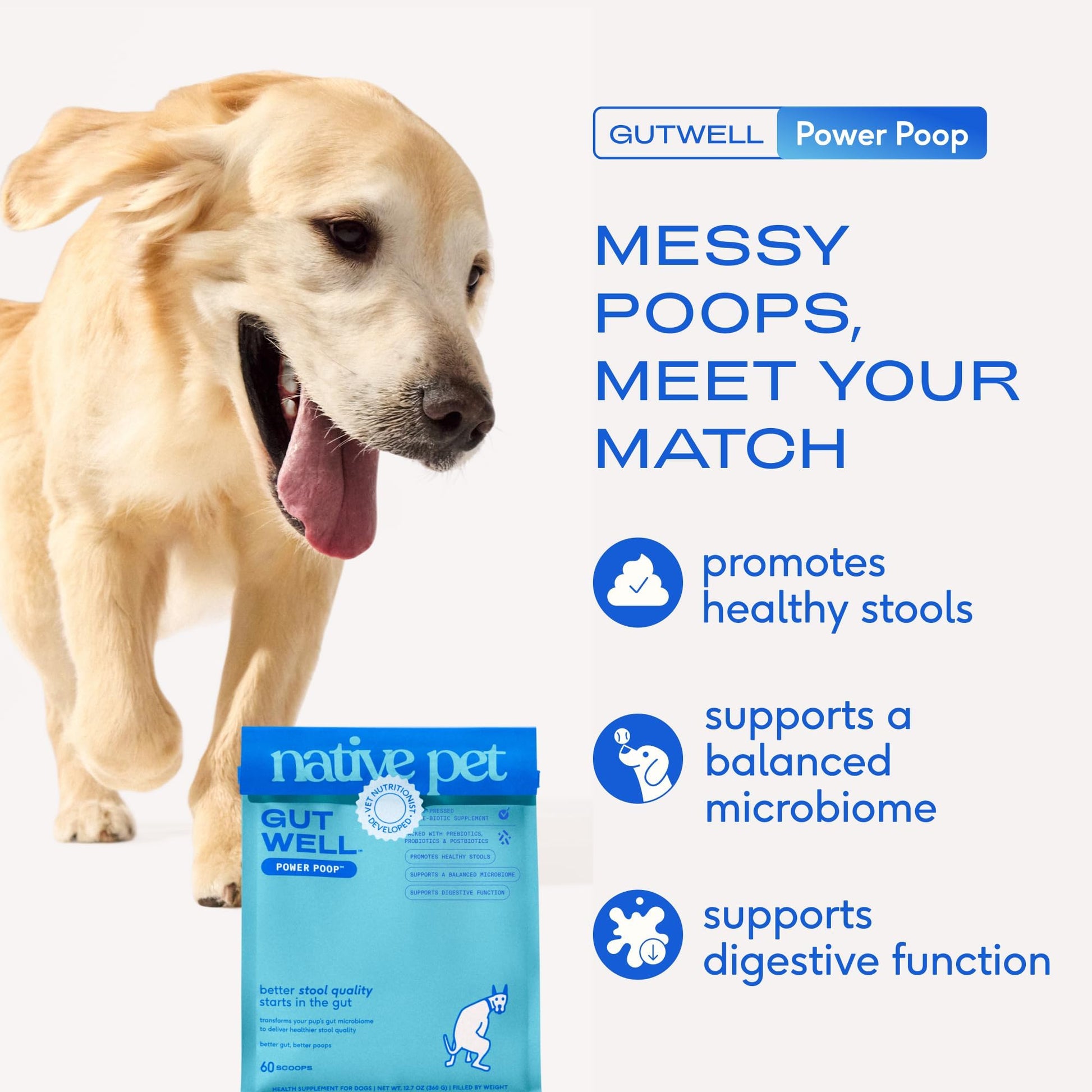 GutWell Power Poop - Digestive Enzymes & Fiber for Dogs - Dog Fiber Supplements Help with Diarrhea Relief, Upset Stomach, Pet Gas & Gut Health with Targeted Triple-Biotic Blend & M-Fiber - 60 Scoops Native Pet uk supplements