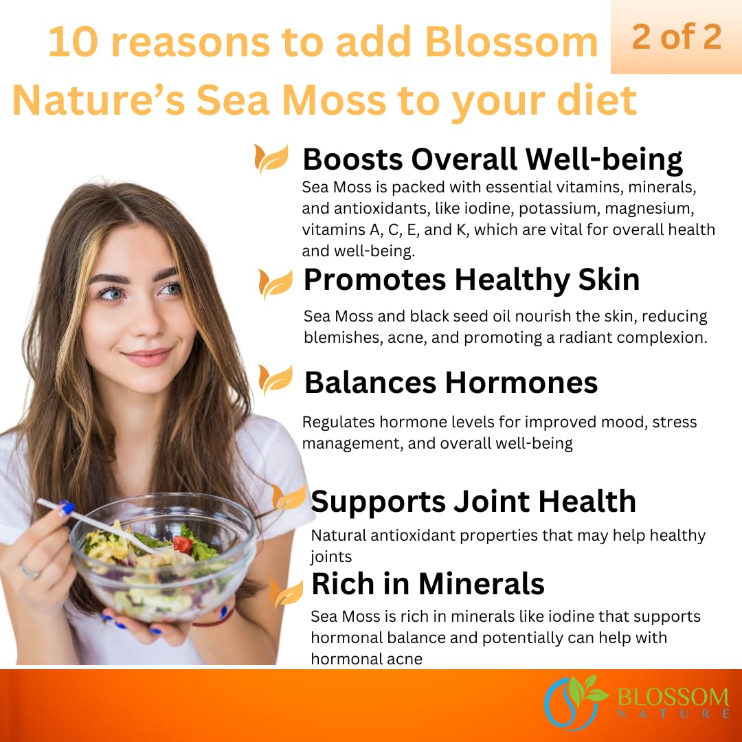 10-in-1 Irish Sea Moss Veggie Caps 3000mg Black Seed Oil Ashwagandha Bladderwrack Burdock Turmeric Apple Cider Vinegar Manuka Honey Dandelion Black Pepper - Made in US(Veggie Caps, Unflavored) Blossom Nature uk supplements