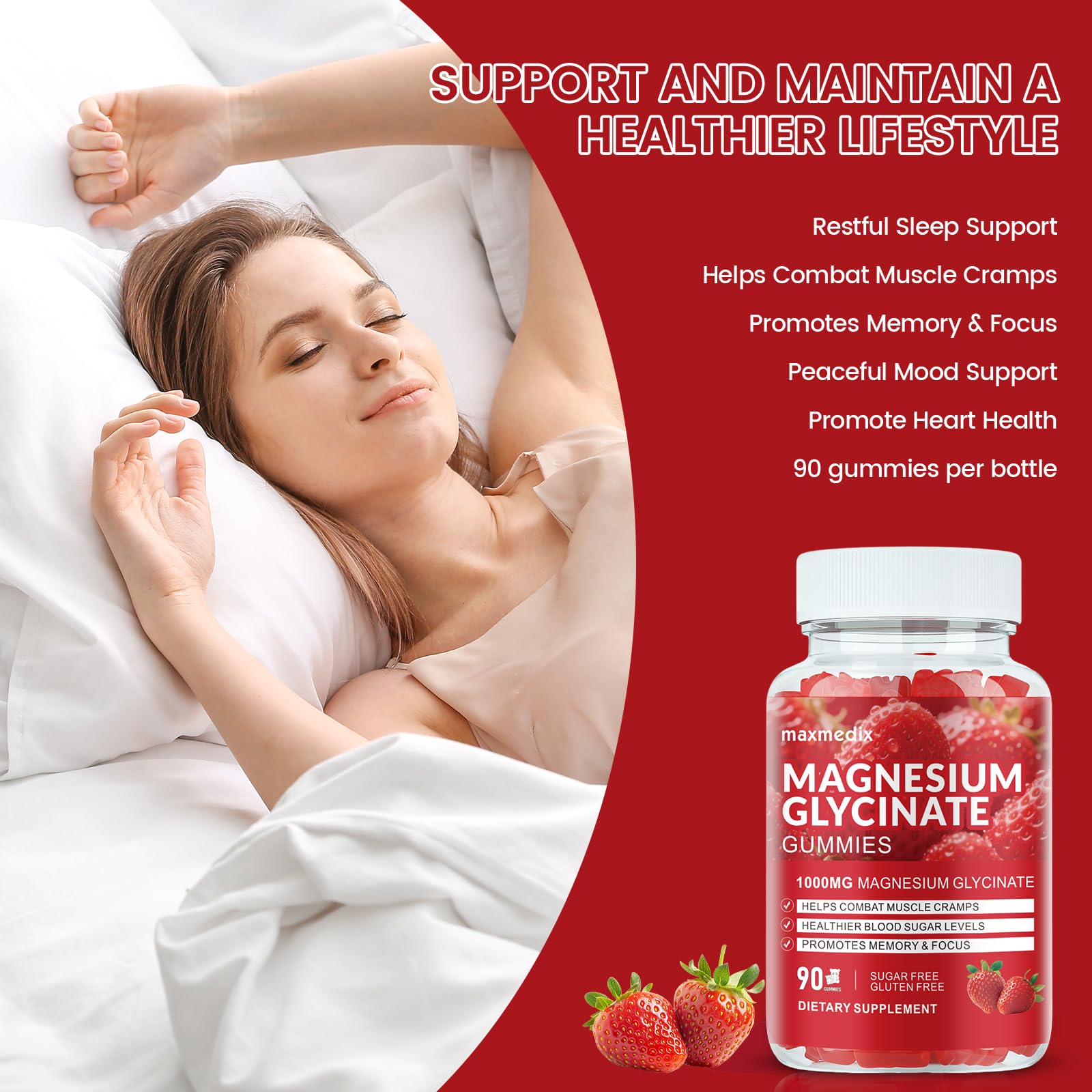 Magnesium Glycinate Gummies 1000mg, Sugar Free Magnesium Potassium Supplements Chewable for Adults with L-Threonate for Sleep, Body Support and Relaxation,90 Strawberry Gummies maxmedix uk supplements