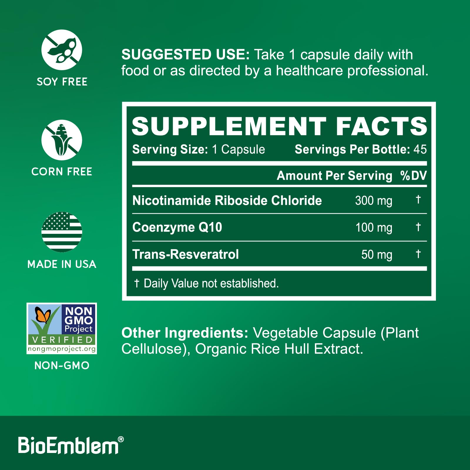 BioEmblem NAD+ Supplement | 300 mg Nicotinamide Riboside with CoQ10 & Resveratrol | Supports Healthy Aging, Cellular Energy and Cognitive Function | Non-GMO, Gluten Free - 45 Capsules BioEmblem uk supplements